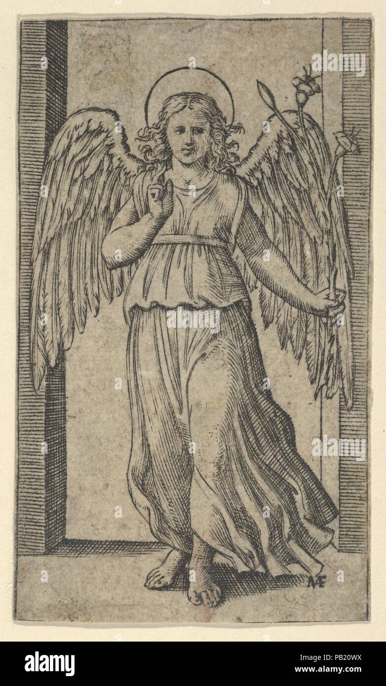 L angelo Gabriele, permanente dalla serie 'Piccoli Santi" (piccoli santi). Artista: Marcantonio Raimondi (italiano, argini (?) ca. 1480-prima 1534 Bologna (?). Dimensioni: 2 15/16 x 1 11/16 in. (7,4 x 4,3 cm). Data: ca. 1500-1527. Museo: Metropolitan Museum of Art di New York, Stati Uniti d'America. Foto Stock