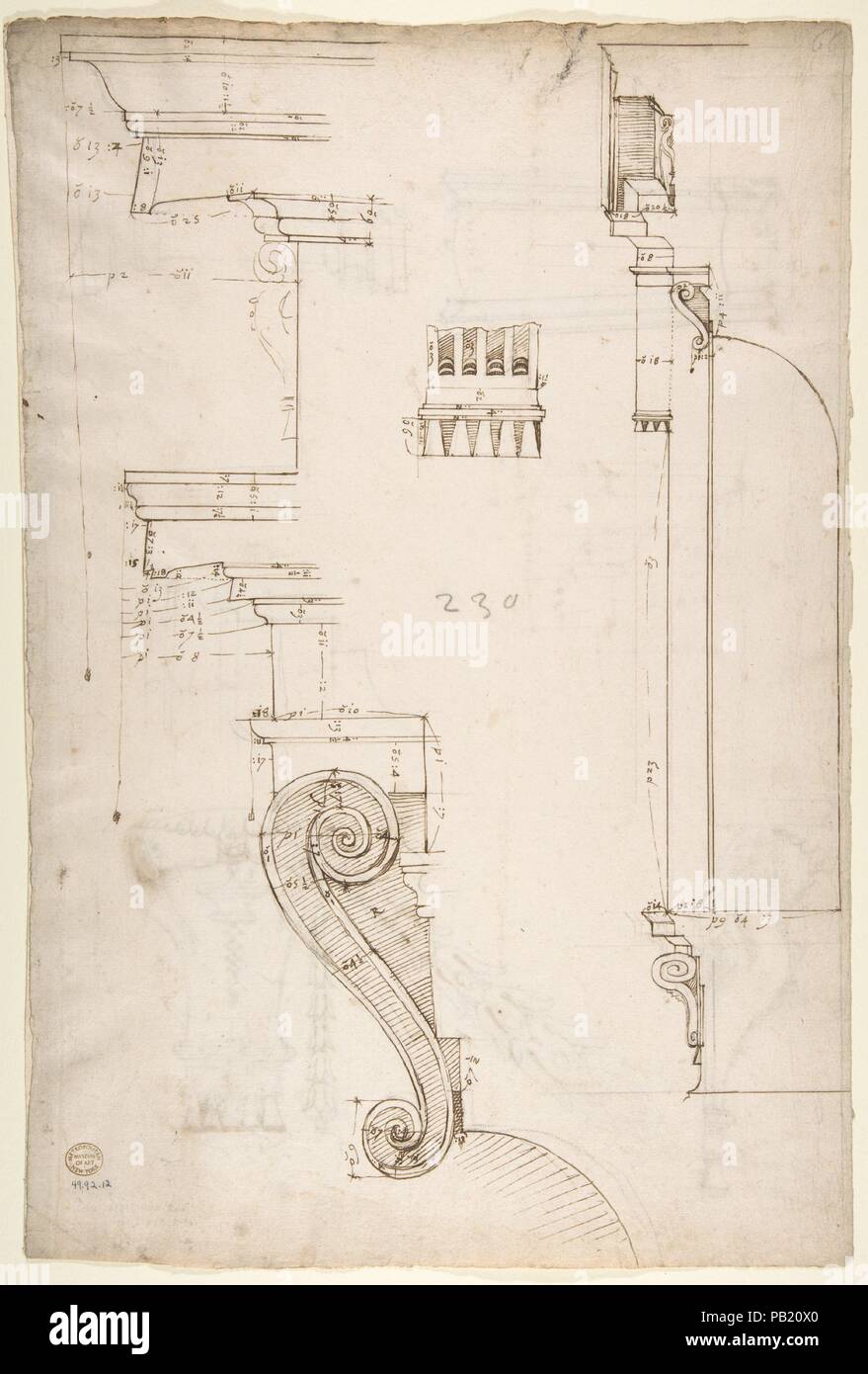 San Pietro abside esterna sezione di nicchia e dettagli (recto) San Pietro abside esterna in elevazione di nicchia e profili dei dettagli (verso). Dimensioni: foglio: 17 5/16 x 11 9/16 in. (44 x 29,3 cm). Relatore per parere: disegnato da anonimo, francese, del XVI secolo. Data: inizio alla metà del XVI secolo. Museo: Metropolitan Museum of Art di New York, Stati Uniti d'America. Foto Stock