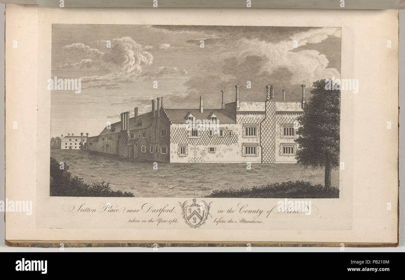 Il Sutton Place, vicino a Dartford, nella contea del Kent, adottate nel corso del 1766, prima che le alterazioni da Edward Hasted, la storia e il rilievo topografico della contea del Kent, volumi 1-3. Artista: Anonimo, britannici del XVIII secolo. Dimensioni: Libro: 17 5/16 × 11 × 13/16 in. (44 × 28 × 2 cm) foglio: 16 15/16 × 10 5/8 in. (43 × 27 cm): piastra 10 1/16 X 14 in. (25,5 × 35,5 cm). Data: 1777-90. La piastra 23, vol. I. N.W. Vista di Sutton Place, adottate nell'anno 1766 e iscritto alla memoria di Giovanni Lethieullier, Esq. Vedere 2014.599.1-.30 per i commenti. Museo: Metropolitan Museum of Art di New York Foto Stock
