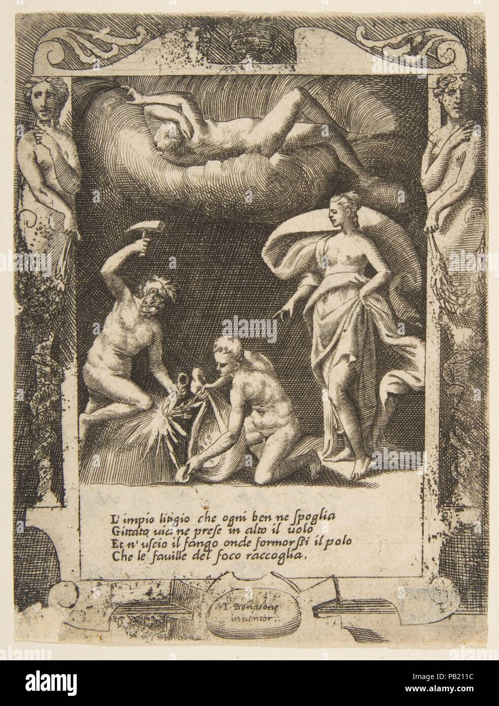 Litigium rimosso dal corpo del caos mentre sua madre è gettato in aria, impostato entro un telaio, dal "ama, infuria e gelosie di Juno'. Artista: Giulio Bonasone (italiano, attivo a Roma e Bologna, 1531-dopo il 1576). Dimensioni: foglio: 5 5/16 x 3 15/16 in. (13,5 x 10 cm). Serie/Portfolio: Amori sdegni et gielosie di Giunone (Ama, infuria e gelosie di Juno). Data: 1531-76. Museo: Metropolitan Museum of Art di New York, Stati Uniti d'America. Foto Stock