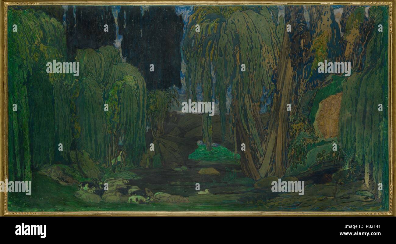 Design per il set del balletto "Narcisse', ha debuttato al Théâtre de Monte Carlo, 1911. Artista: Léon Bakst (Russo, Grodno 1866-1924 Paris). Dimensioni: foglio: 29 × 53 1/2 in. (73,7 × 135,9 cm). Data: 1911. Museo: Metropolitan Museum of Art di New York, Stati Uniti d'America. Foto Stock