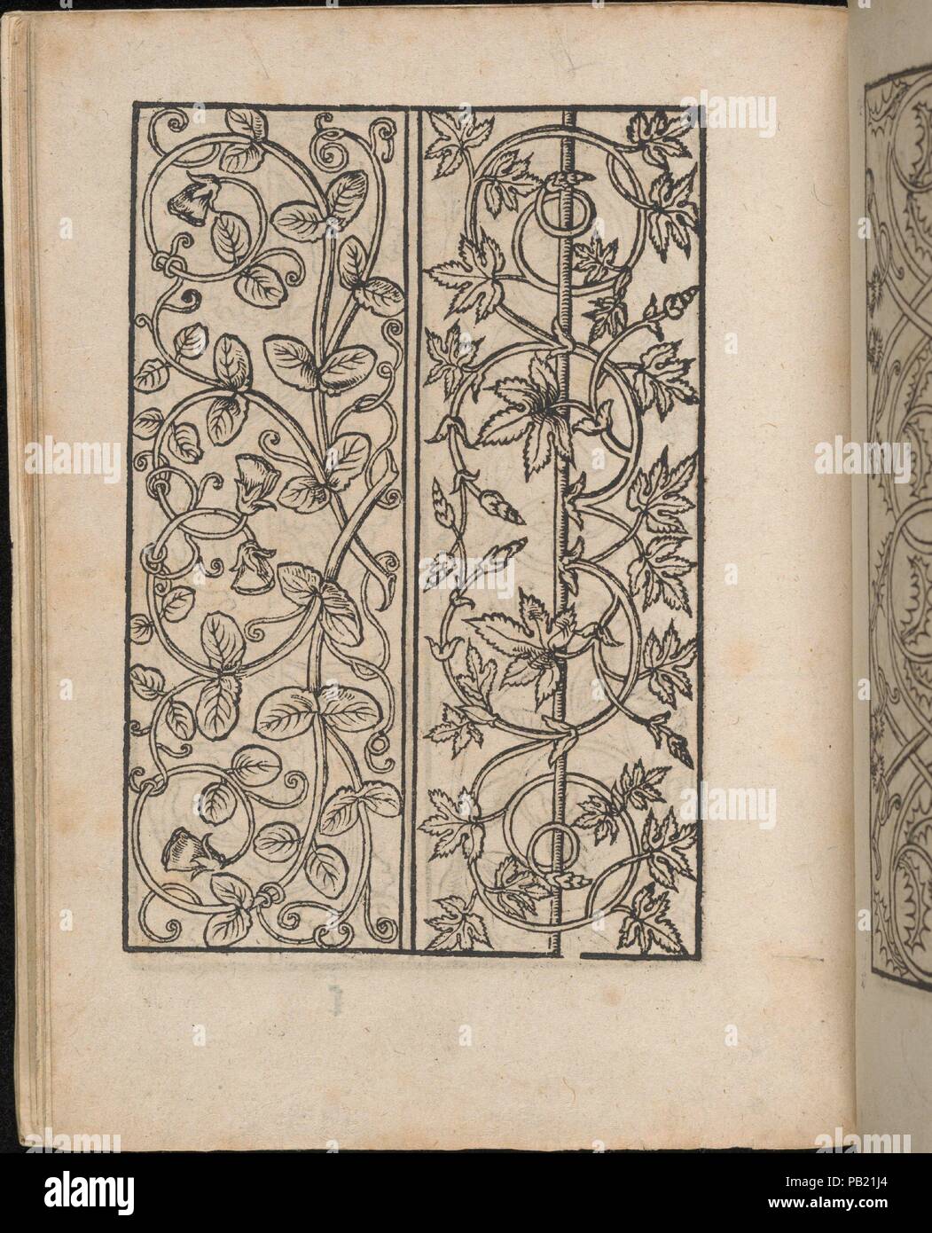 Ein New Modelbuch..., pagina 9 (verso). Dimensioni: 7 5/16 x 5 3/8 in. (18,5 x 13,6 cm). Editore: Johann Schönsperger il Giovane (tedesco, active 1510-30). Data: 22 ottobre 1524. Pubblicato da Johann Sch?nsperger il giovane, Zwickau. Dall'alto al basso e da sinistra a destra: Design composto da 2 colonne verticali. La colonna di sinistra è decorato con rami di torsione di fiori e foglie che costituiscono una forma di cuore nel centro. La colonna di destra è decorata nel centro con un ramo rettilineo da cui vitigni di bobinatura di foglie e fiori crescono. Museo: Metropolitan Museum of Art di New York, Stati Uniti d'America. Foto Stock