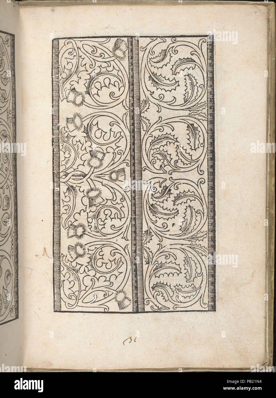 Eyn nuovo kunstlichboich, pagina 4v. Progettista: Woodcut border progettato da Anton Woensam von worm (tedesco, attivo prima metà del XVI secolo, morto 1538). Dimensioni: complessivo: 7 7/8 x 5 1/2 in. (20 x 14 cm). Editore: Pietro Quentel (tedesco, attiva colonia, 1518-46) , Colonia. Data: 1529. Pubblicato da Pietro Guentel, Colonia, xilografia border progettato da Anton Woensam von Worms, Tedesco, attivo prima metà del XVI secolo, morì 1538. Traduzione italiana della pagina del titolo, illustrati nella pagina del titolo, ritratto di Carlo V, 46 pagine di disegni e modelli incluse le pagine dell'alfabeto. Museo: Metropolitan Museum of Art di New Foto Stock