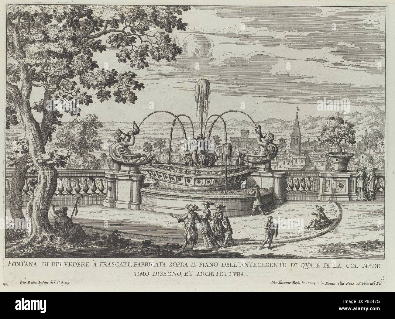 Fontana di Belvedere á Frascati (...), da 'La Fontane di Roma nelle piazze e luoghi Publici (...)", parte 2, "Le fontane delle ville di Frascati' (piastra 5). Artista: Giovanni Battista Falda (italiano, Valduggia Roma 1643-1678). Dimensioni: Piastra: 8 3/8 × 11 5/16 in. (21,2 × 28,7 cm). Editore: Giovanni Giacomo De Rossi (Italiano, Roma Roma 1627-1691). Data: 1691 o dopo. La Villa Aldobrandini apparteneva al più imponente di barocco romano estates, godendo dalla sua posizione perfetta, elevata al di sopra di una serie di terrazze ovale costruita all'interno della pendenza del Tuscolo Hill, un ampio panorama di Frascati e il coun Foto Stock