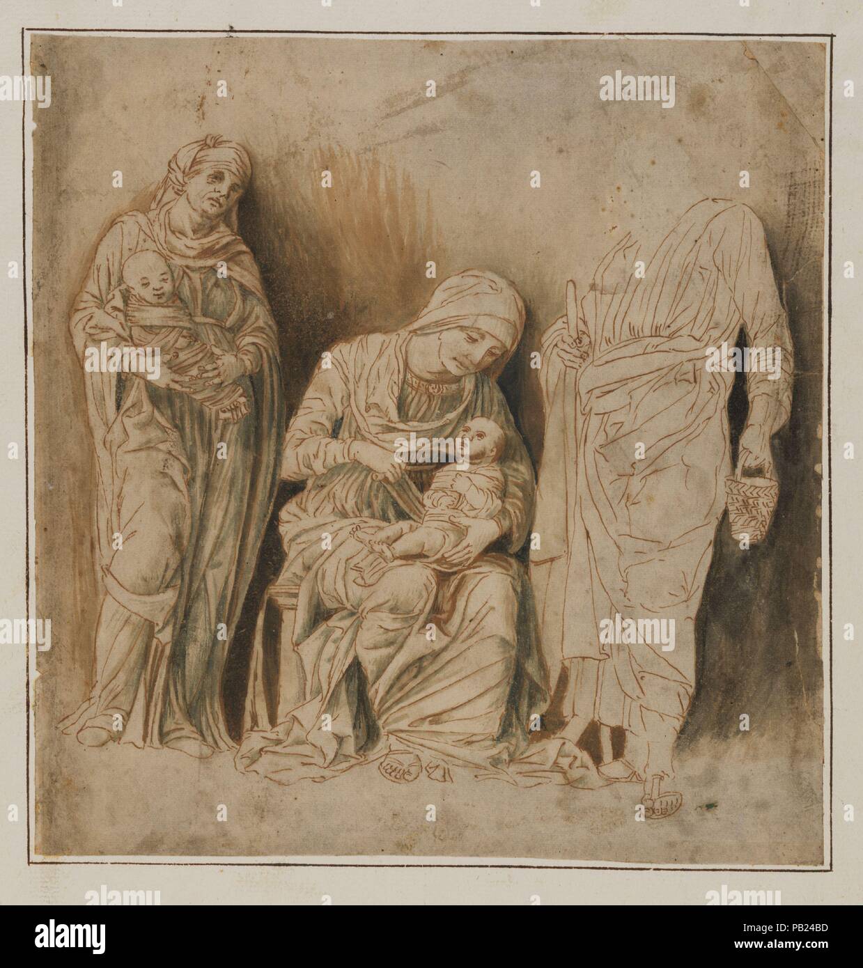 La Santa Famiglia con santa Elisabetta e il Bambino Giovanni Battista. Artista: seguace di Andrea Mantegna (italiano, Isola di Carturo 1430/31-1506 Mantova). Cultura: Italiano. Dimensioni: 10 5/8 x 10 1/4 in. (27 x 26 cm). Data: inizio del XVI secolo. La composizione di questo disegno è strettamente correlato ad una rara incisione attribuito ad Andrea Mantegna inseguitore di Giovanni Maria da Brescia. Esso può essere un esempio, non di raro nel Veneto, di un foglio semilavorato eseguito in preparazione per un incisione. Il piuttosto rigida, penna schematica tecnica impiegata può essere spiegata come un tentativo di guidare il engr Foto Stock