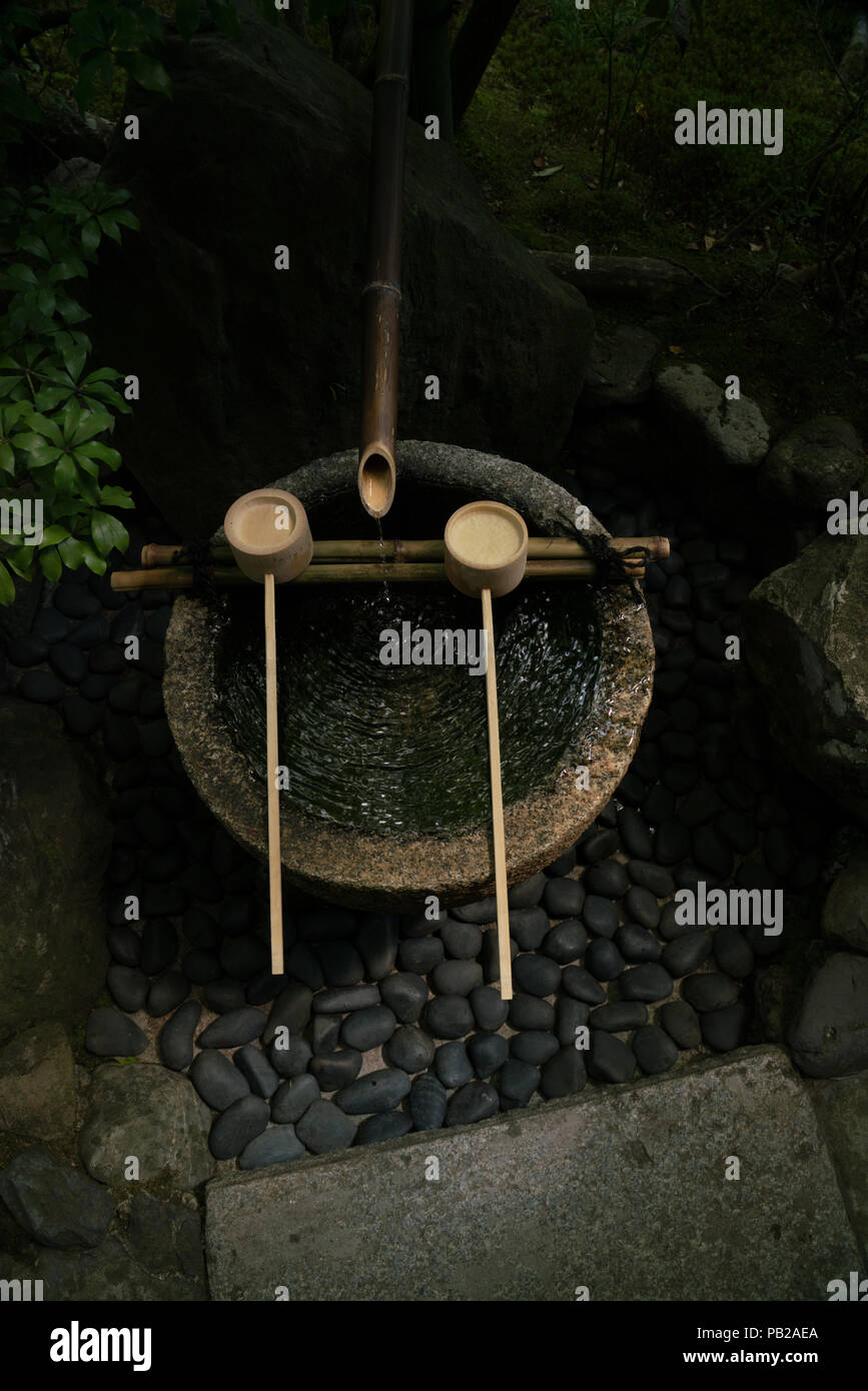 Tsukubai (蹲踞) o di un lavabo all'entrata di Soihoji, Kokedera moss garden a Kyoto. I visitatori si purificano l'acqua prima di entrare. Foto Stock