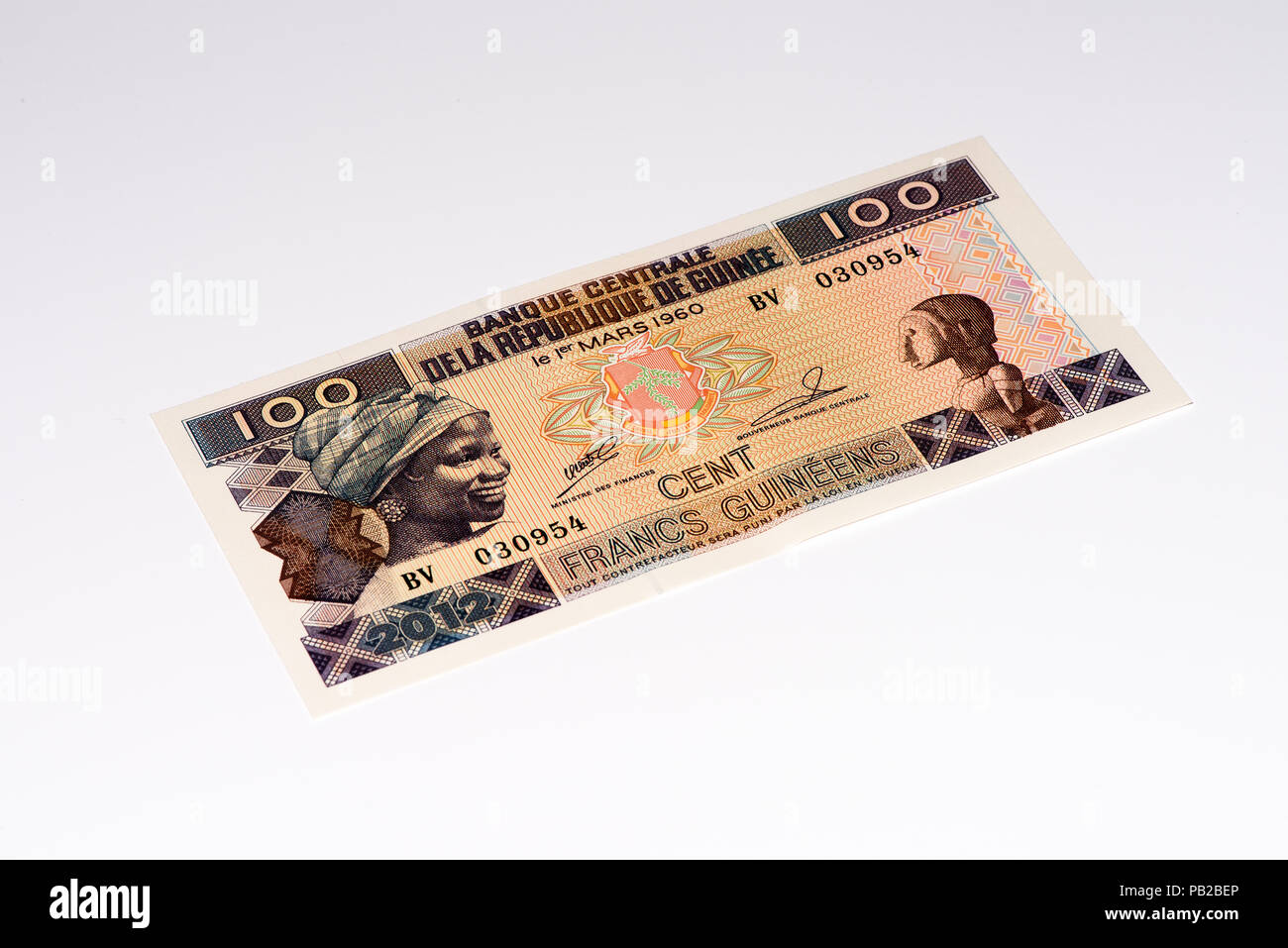 100 West African franchi nota banca di Guine Bissau. Frans è la moneta nazionale di Guine Bissau Foto Stock