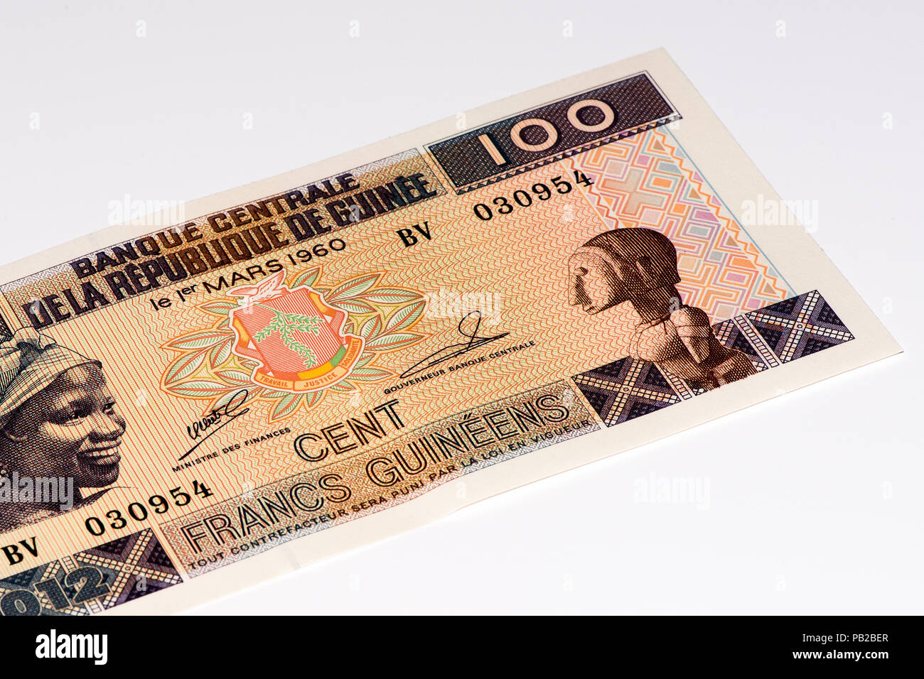 100 West African franchi nota banca di Guine Bissau. Frans è la moneta nazionale di Guine Bissau Foto Stock