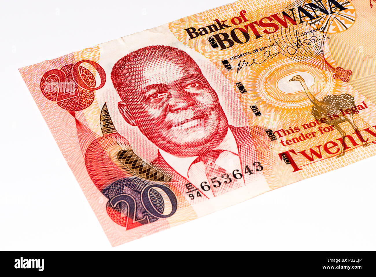 20 pula del Botswana.Pola è la valuta nazionale del Botswana Foto Stock