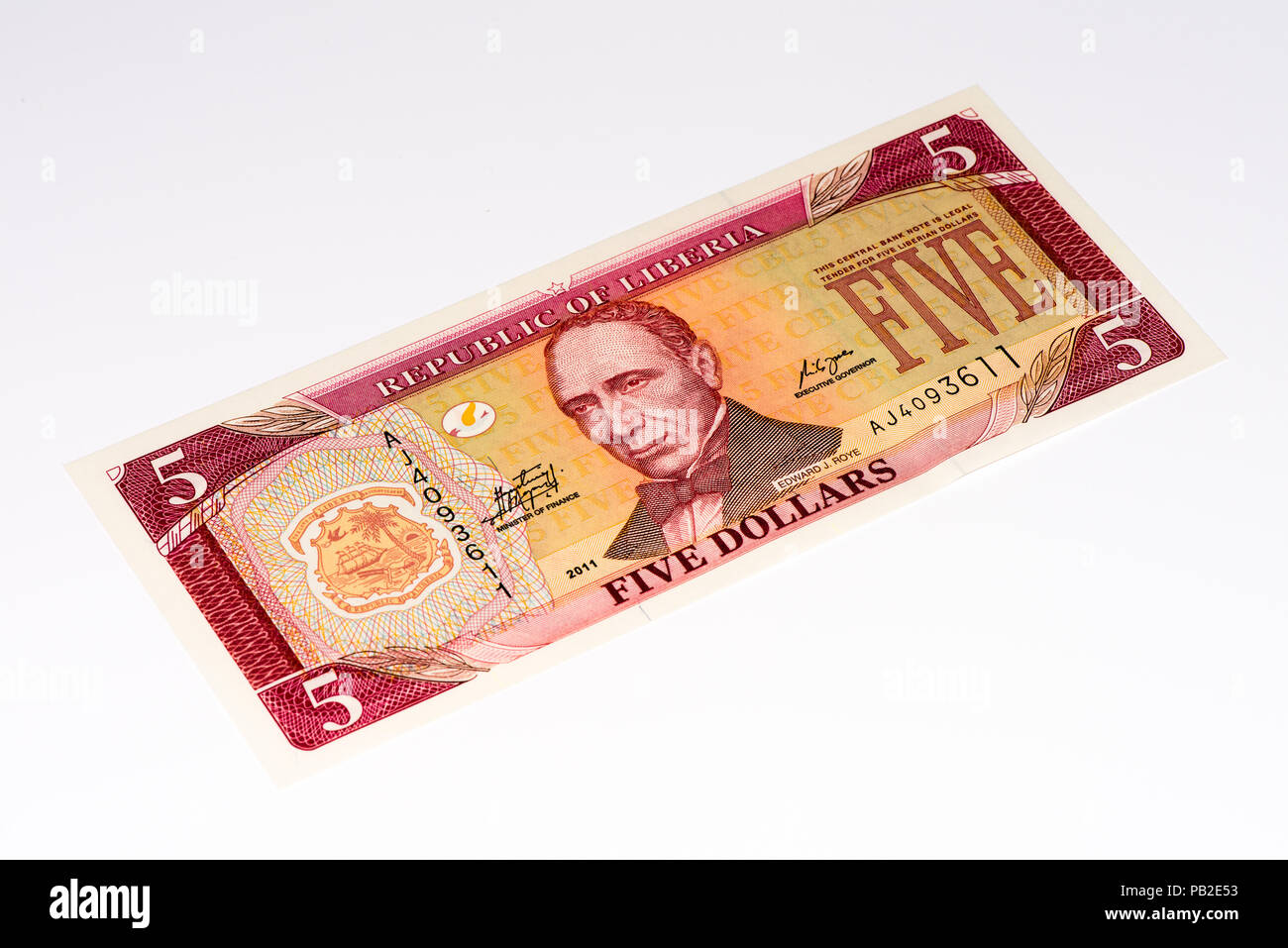 5 Dollaro liberiano bank nota. Dollaro liberiano è la moneta nazionale della Liberia Foto Stock