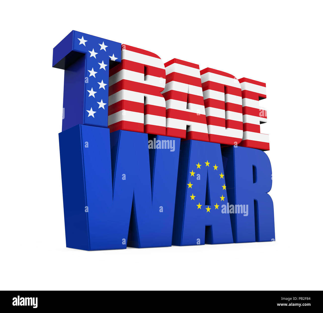 La parola "guerra commerciale con gli Stati Uniti e Unione europea bandiera isolato Foto Stock