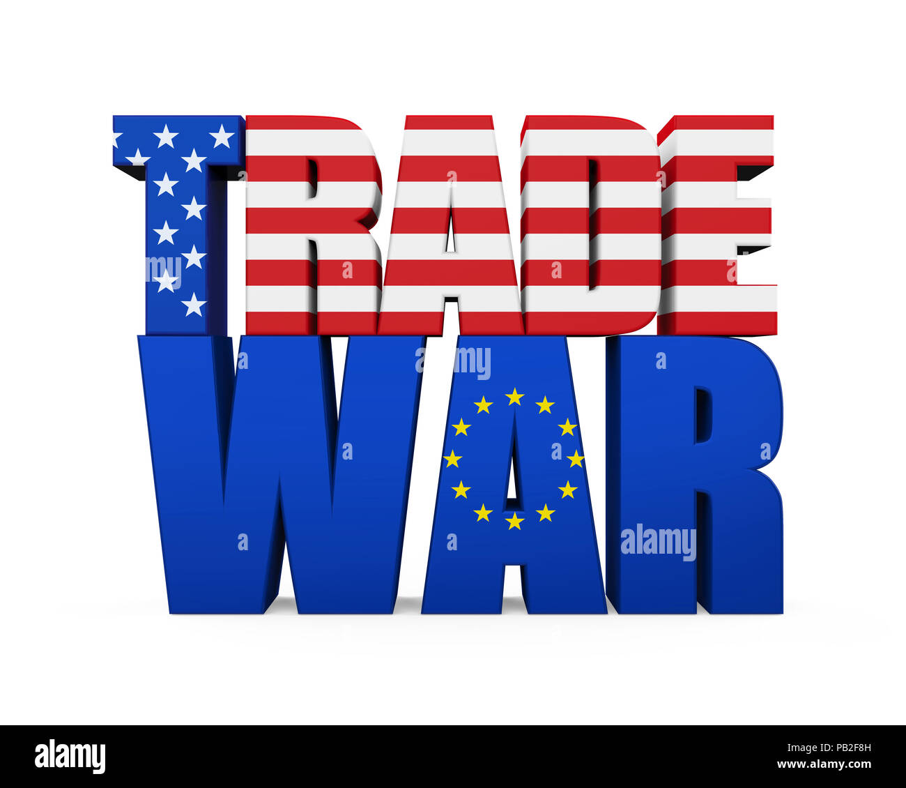 La parola "guerra commerciale con gli Stati Uniti e Unione europea bandiera isolato Foto Stock