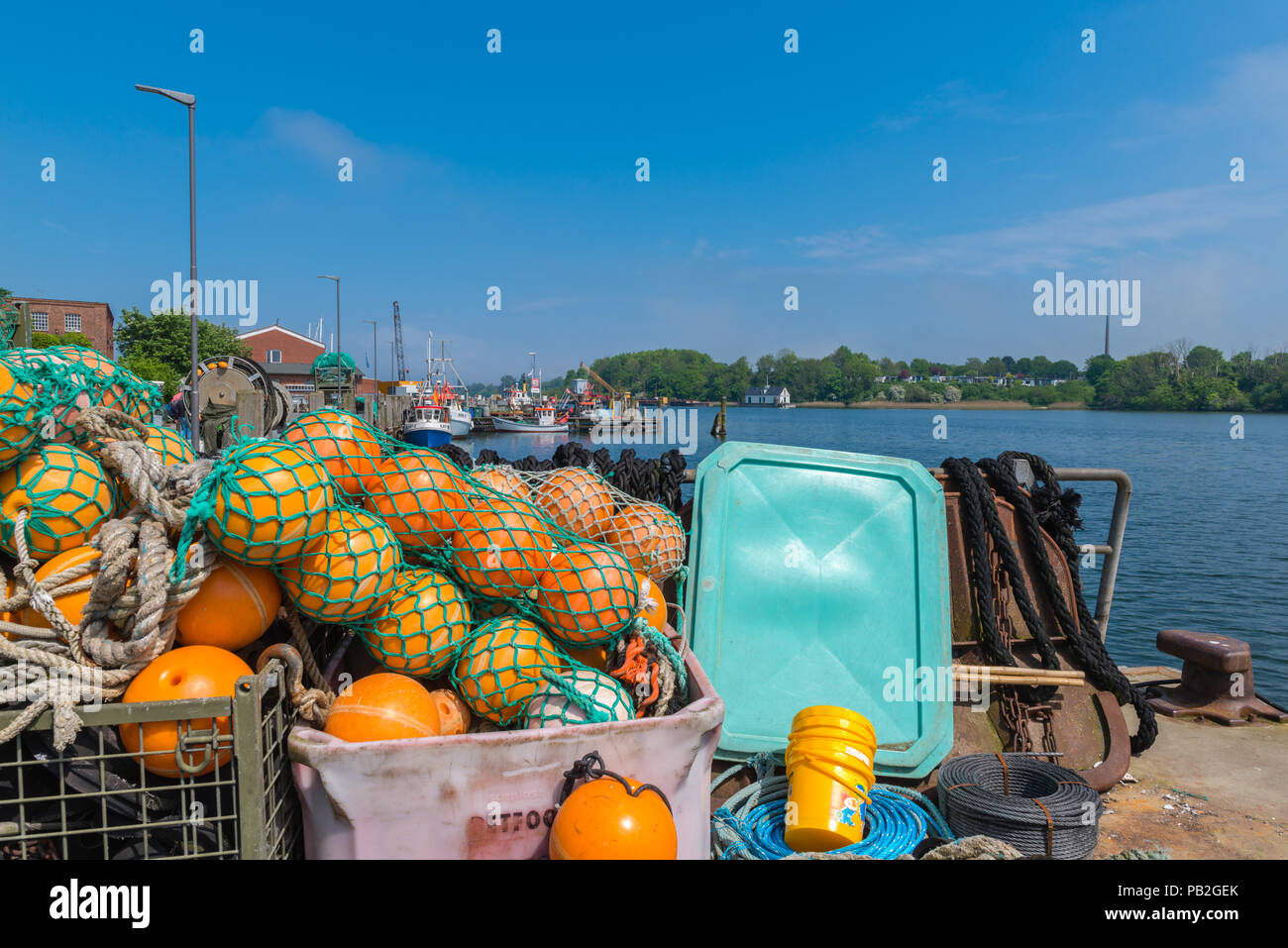 Porto di pesca, Kappeln, Mar Baltico, bocca di Schlei Fjord, paesaggio di Angeln, Schleswig-Holstein, Germania, Europa Foto Stock