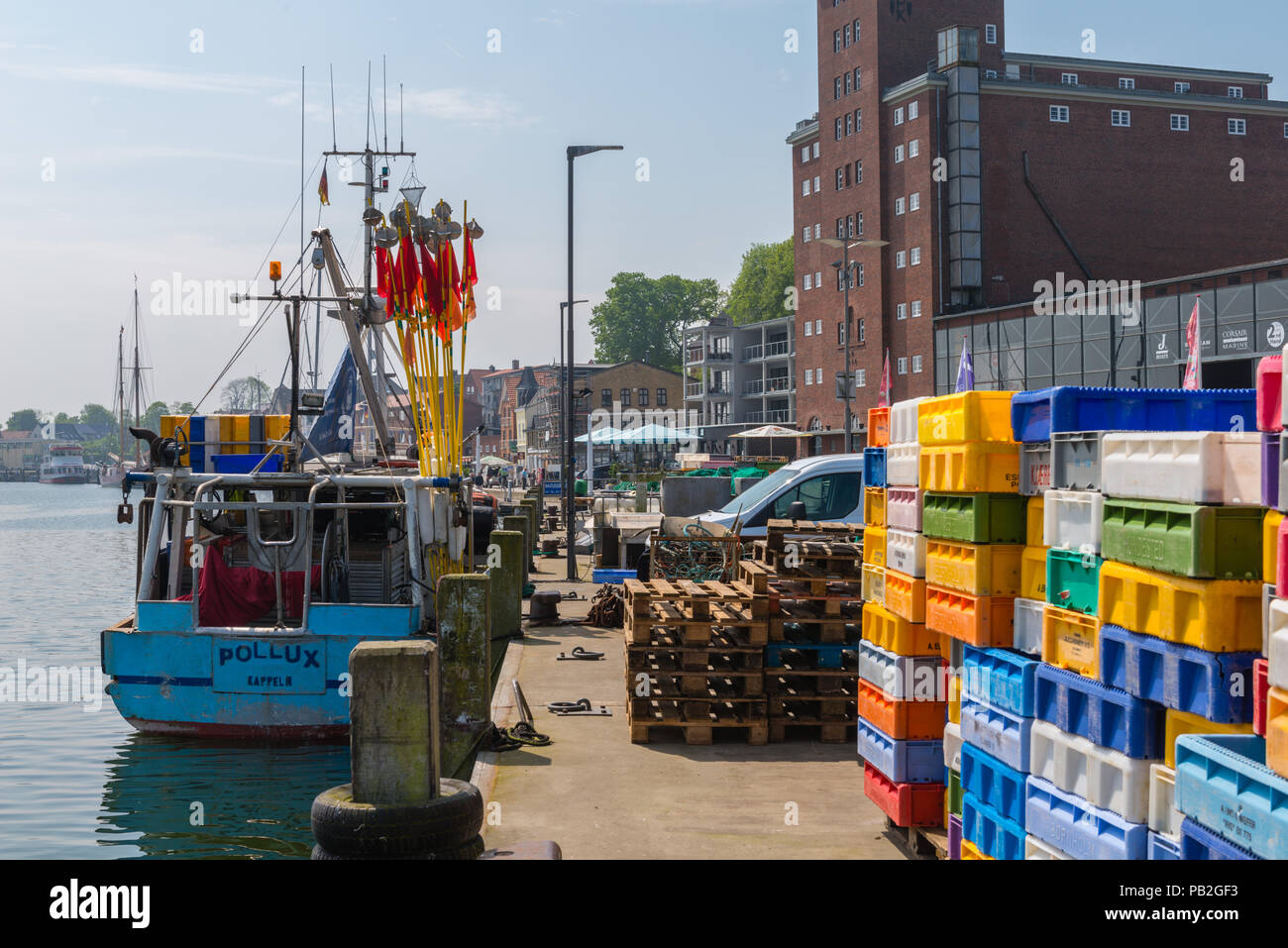 Porto di pesca, Kappeln, Mar Baltico, bocca di Schlei Fjord, paesaggio di Angeln, Schleswig-Holstein, Germania, Europa Foto Stock