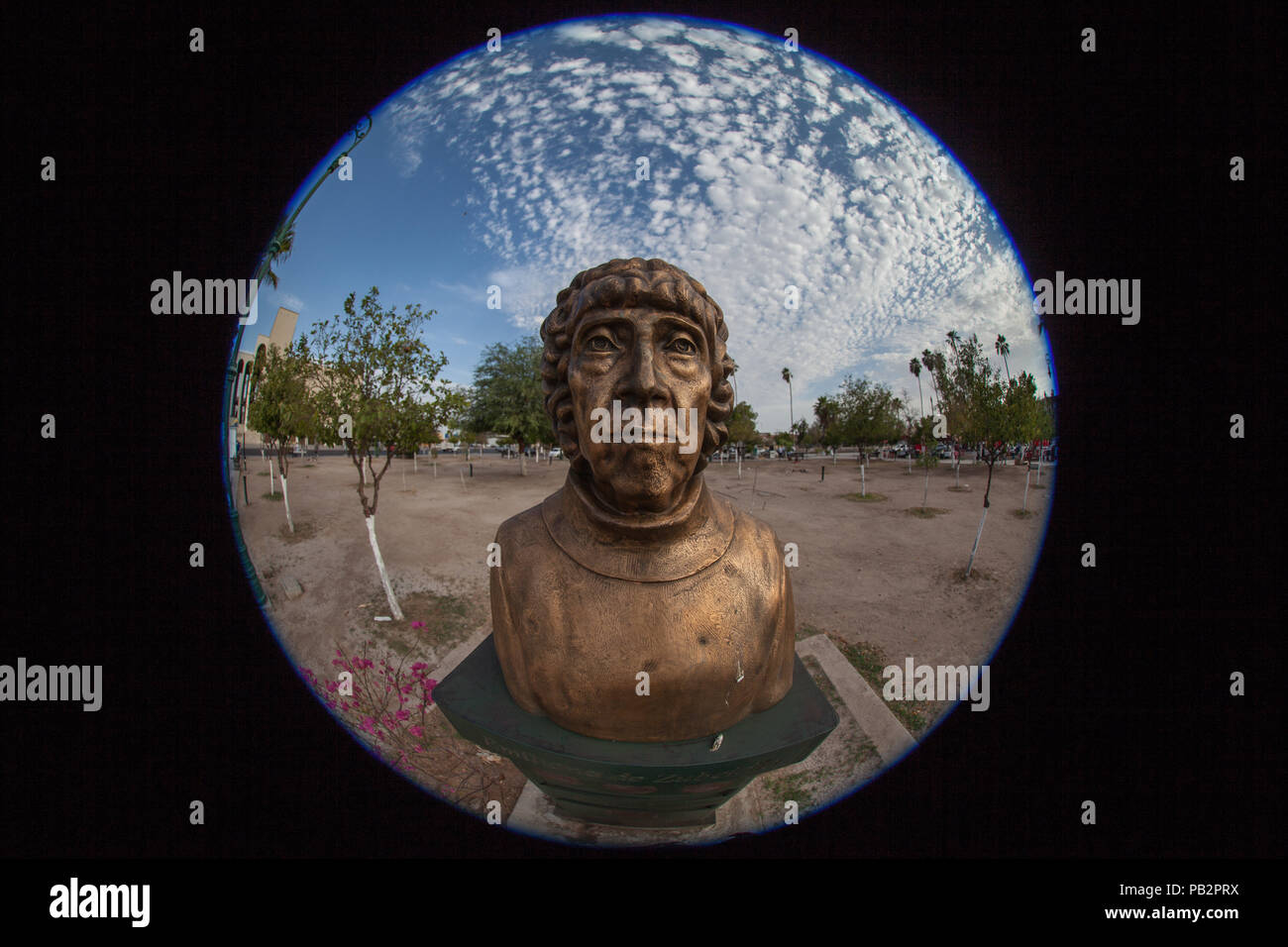 Statua o busto di Emiliana de Zubeldia davanti la canonica dell'Università di Sonora nel centro di Hermosillo, Messico Foto Stock