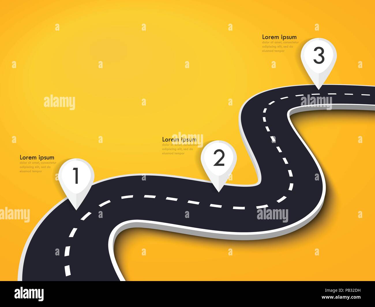 Strada di avvolgimento su un sfondo colorato. Tratto di strada percorso modello infografico con pin puntatore. EPS vettoriali 10 Illustrazione Vettoriale