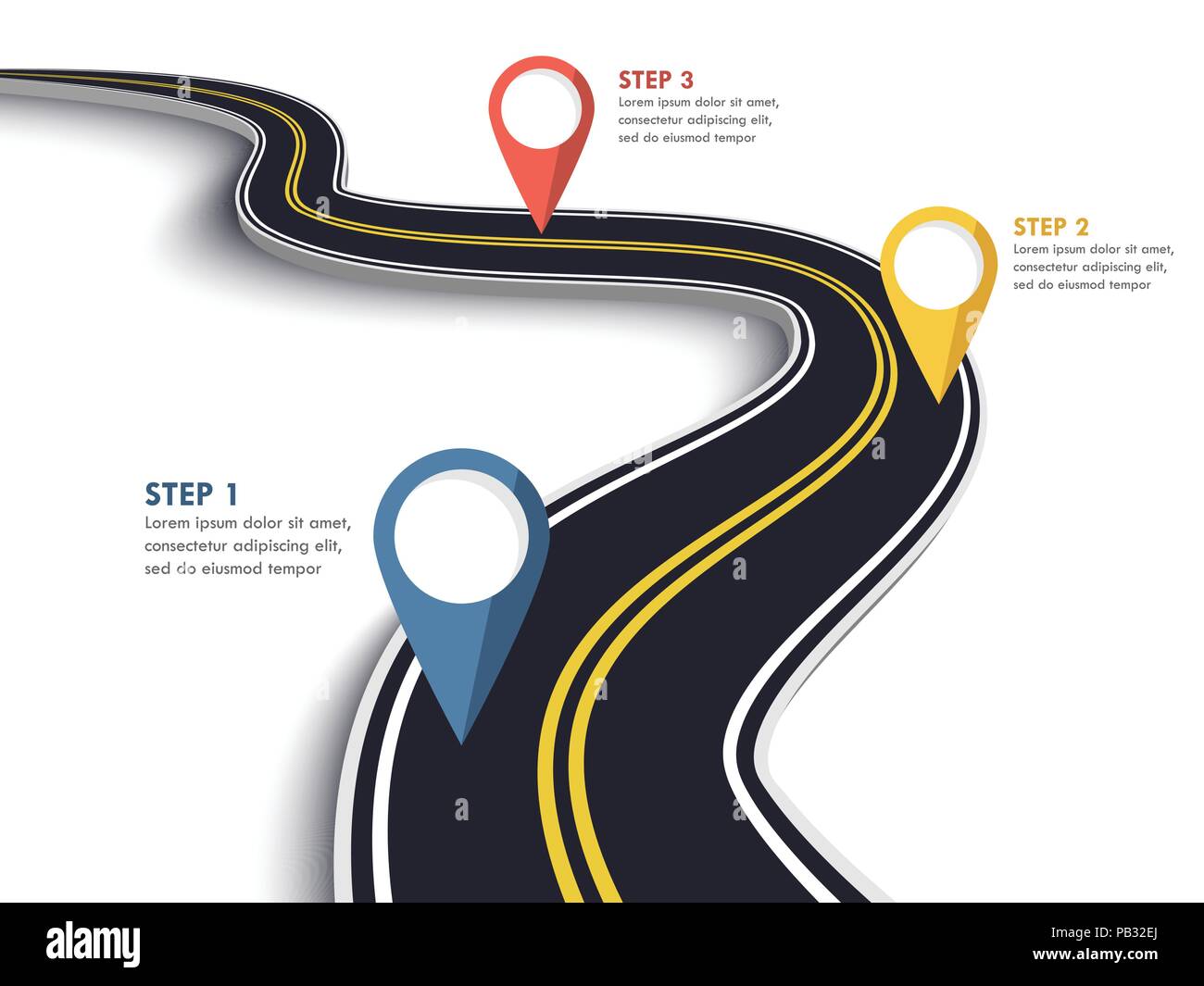 Strada di avvolgimento su un isolato bianco sullo sfondo. Tratto di strada percorso modello infografico con pin puntatore. EPS vettoriali 10 Illustrazione Vettoriale