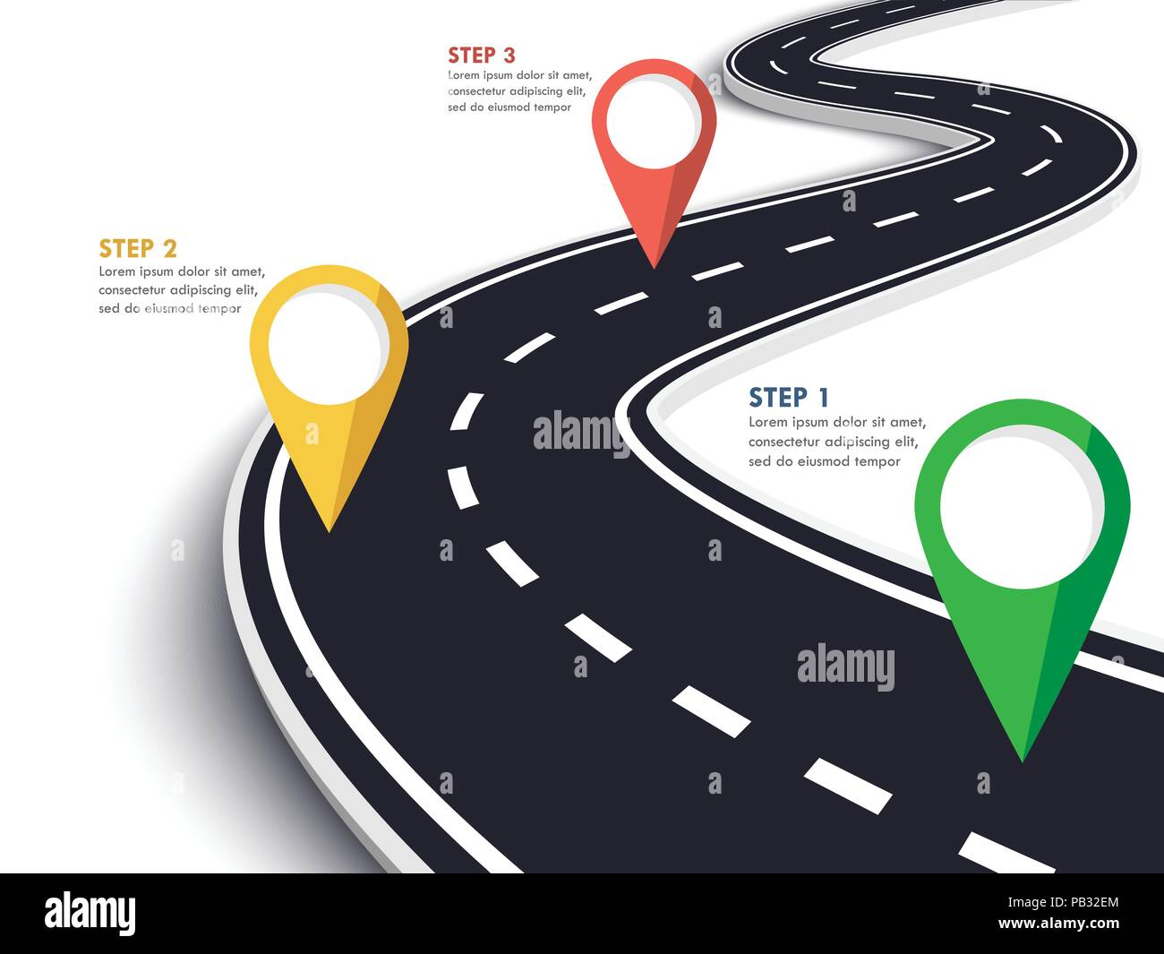 Strada di avvolgimento su un isolato bianco sullo sfondo. Tratto di strada percorso modello infografico con pin puntatore. EPS vettoriali 10 Illustrazione Vettoriale