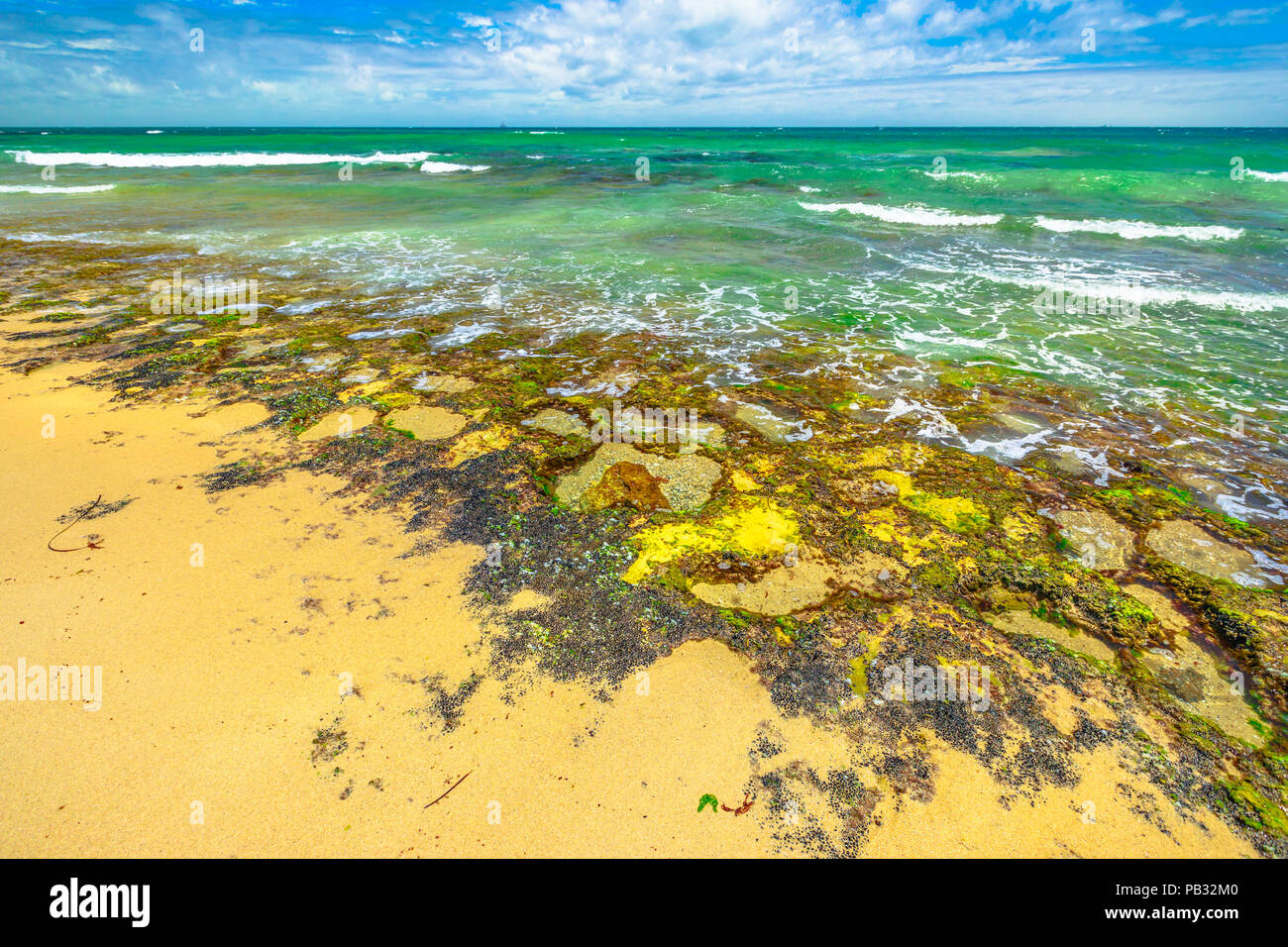 Paesaggio della piscina Mettams un calcare bay sicuro per lo snorkeling. Trigg Beach in spiaggia Nord vicino a Perth, Western Australia. Mettam's è una roccia naturale piscina protetta da un circostante barriera corallina. Foto Stock