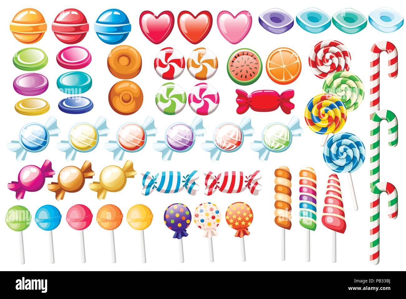 Caramelle set. Grande raccolta di diverso stile cartoon caramelle. Avvolto e non lecca-lecca, canna, dolci. Carino dolci lucida. Appartamento icone colorate. Illustrazione Vettoriale