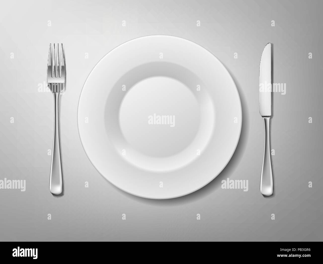 Set di posate in acciaio inossidabile della forcella, il coltello e la piastra porta posate realistico isolati su sfondo bianco. Illustrazione Vettoriale Illustrazione Vettoriale