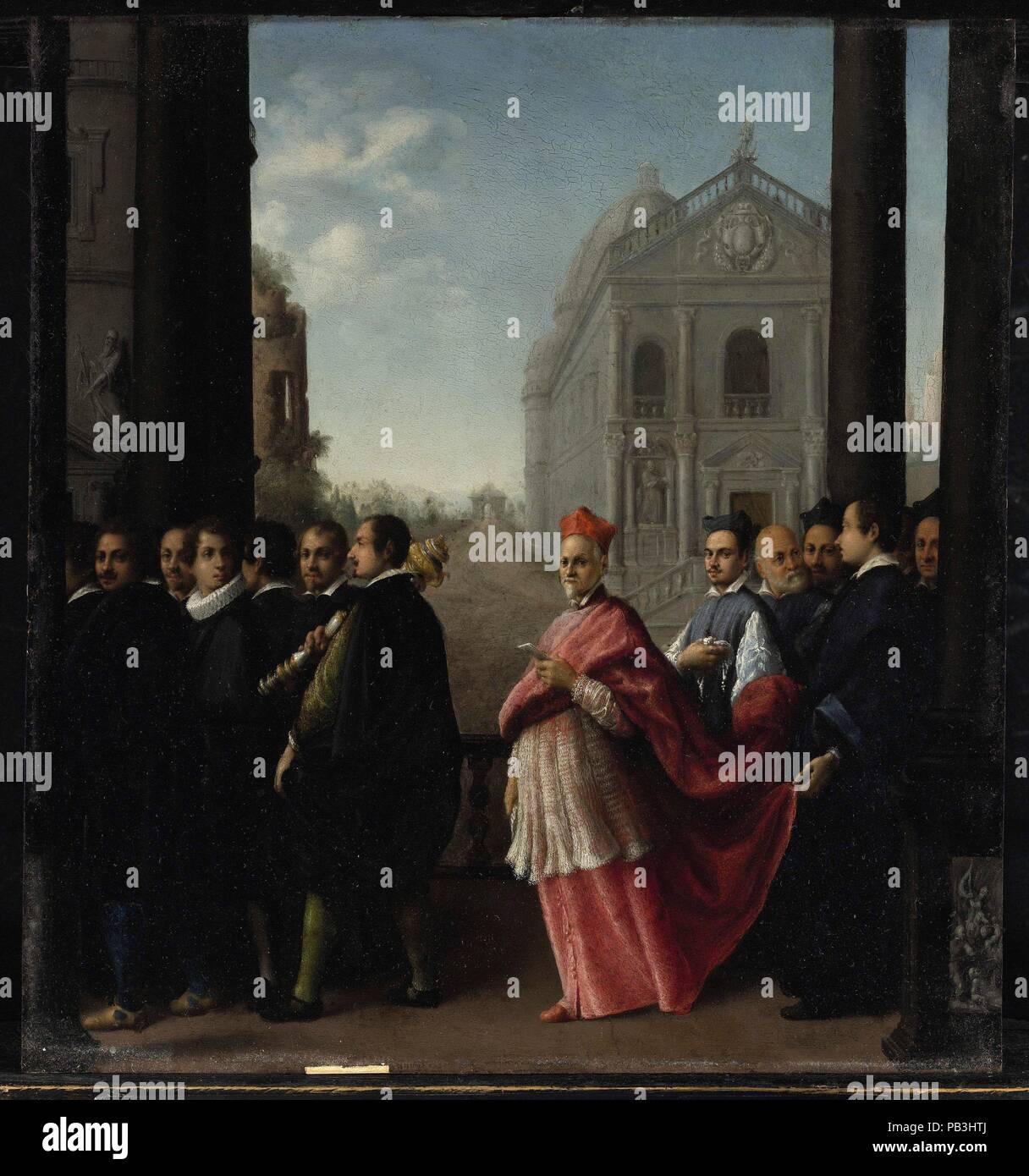 Un Cardinale la processione. Artista: Ottavio Leoni (Il Padovano) (italiano, Roma Roma 1578-1630). Dimensioni: 15 1/2 x 14 3/4 in. (39,4 x 37,5 cm). Data: 1621. Questo bellissimo il rame rappresenta un ancora di essere identificati caso, centrando la processione di un cardinale. Il leone e aquile in argento e oro macis nella parte anteriore del prelato può essere un riferimento per il cardinale stemma. La chiesa dietro di lui, che non sembrano rappresentare una chiesa esistente, può essere correlato anche al cardinale nella pittura. La maggior parte delle figure in questo dipinto sembra essere ritratti di individui specifici. T Foto Stock