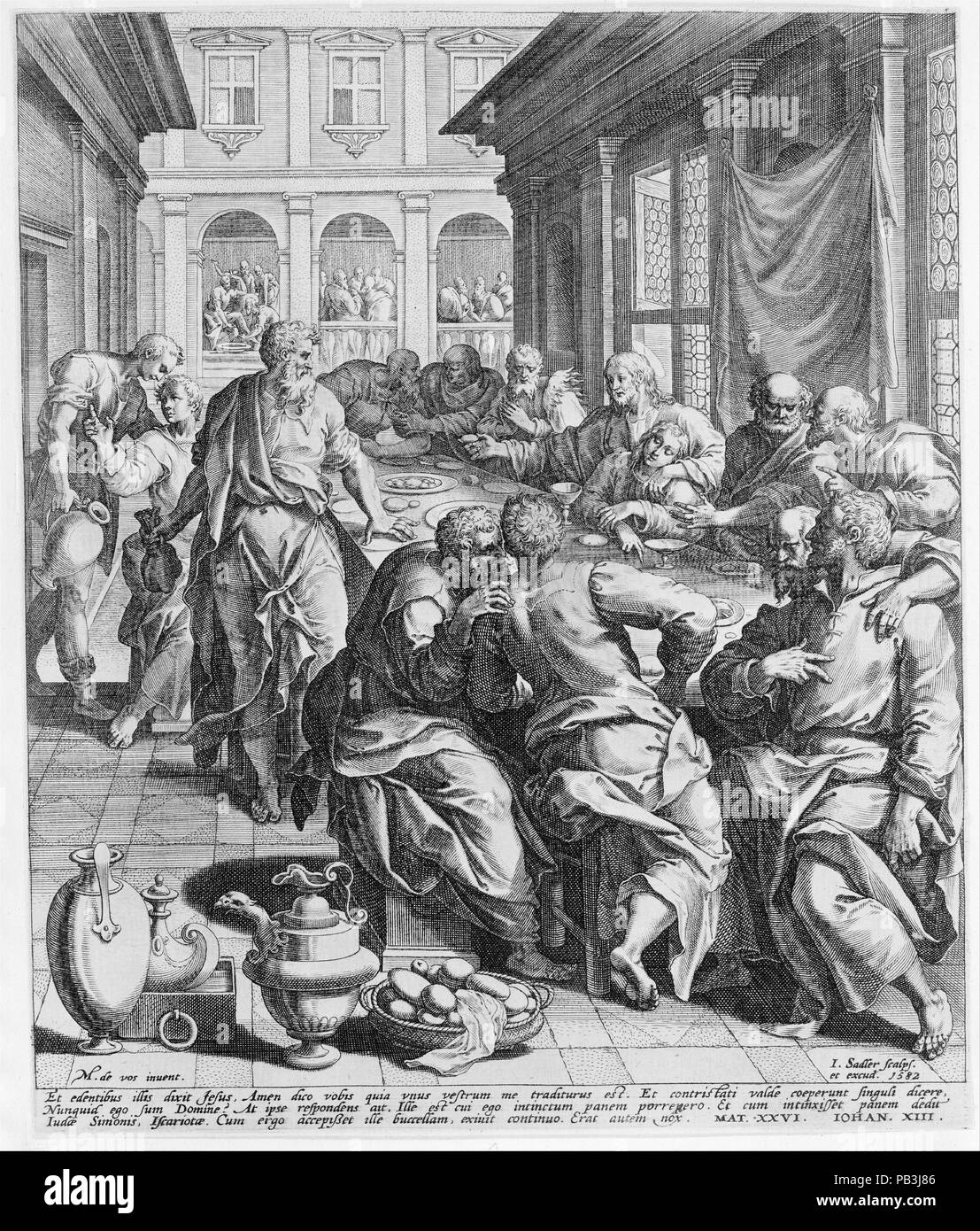 Ultima Cena della Passione di Cristo. Artista: dopo Maerten de Vos (Netherlandish, Anversa 1532-1603 Anversa); Johann Sadeler I (Netherlandish, Bruxelles 1550-1600/1601 Venezia). Dimensioni: foglio: 9 7/16 x 7 7/8 in. (23,9 x 20 cm). Data: 1582. Museo: Metropolitan Museum of Art di New York, Stati Uniti d'America. Foto Stock
