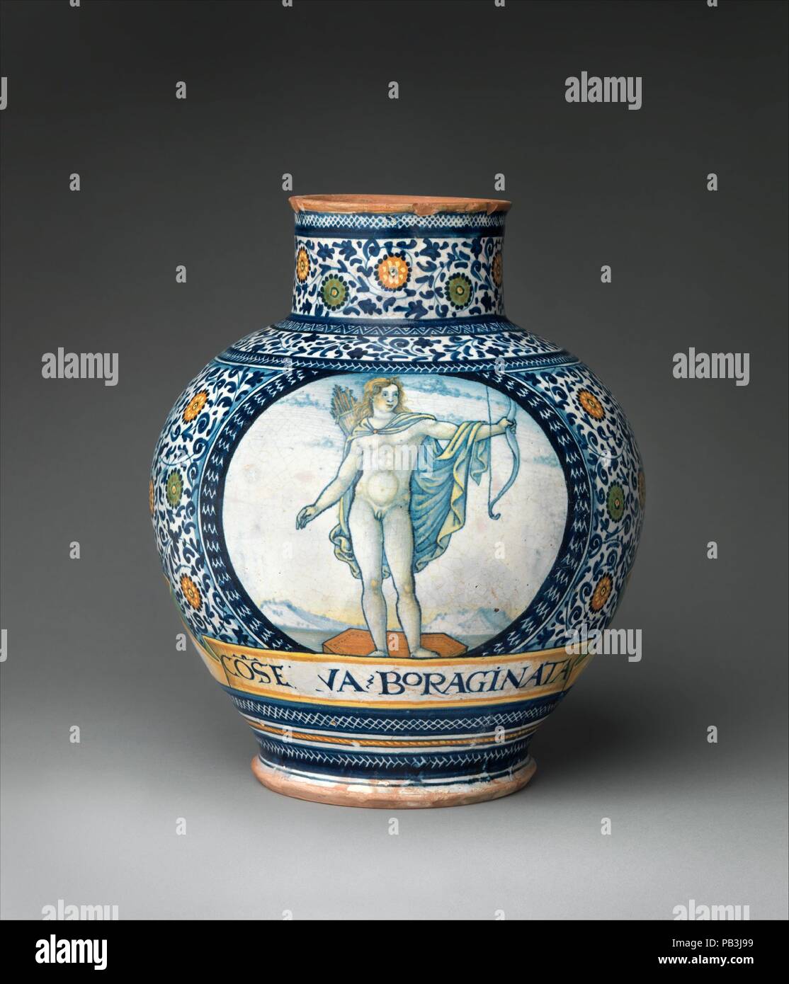 Vaso di farmacia con l' Apollo Belvedere e il re Davide. Artista: la figura di Apollo Belvedere sulla base di una incisione di Nicoletto da Modena (italiano, Modena, active ca. 1500-ca. 1520). La cultura italiana, eventualmente Castelli. Dimensioni: complessiva (conferma): 10 1/4 x 8 5/8 in. (26 × 21,9 cm). Data: ca. 1545-50. La decorazione su questo vaso combina antichità pagana e storia biblica--un abbinamento comune in Italia rinascimentale. In uno roundel, il Vecchio Testamento profeta Re Davide sembra suonare la sua arpa. Sull'altro lato è un vivace rendering di Apollo Belvedere, antica statua in marmo ho scoperto Foto Stock