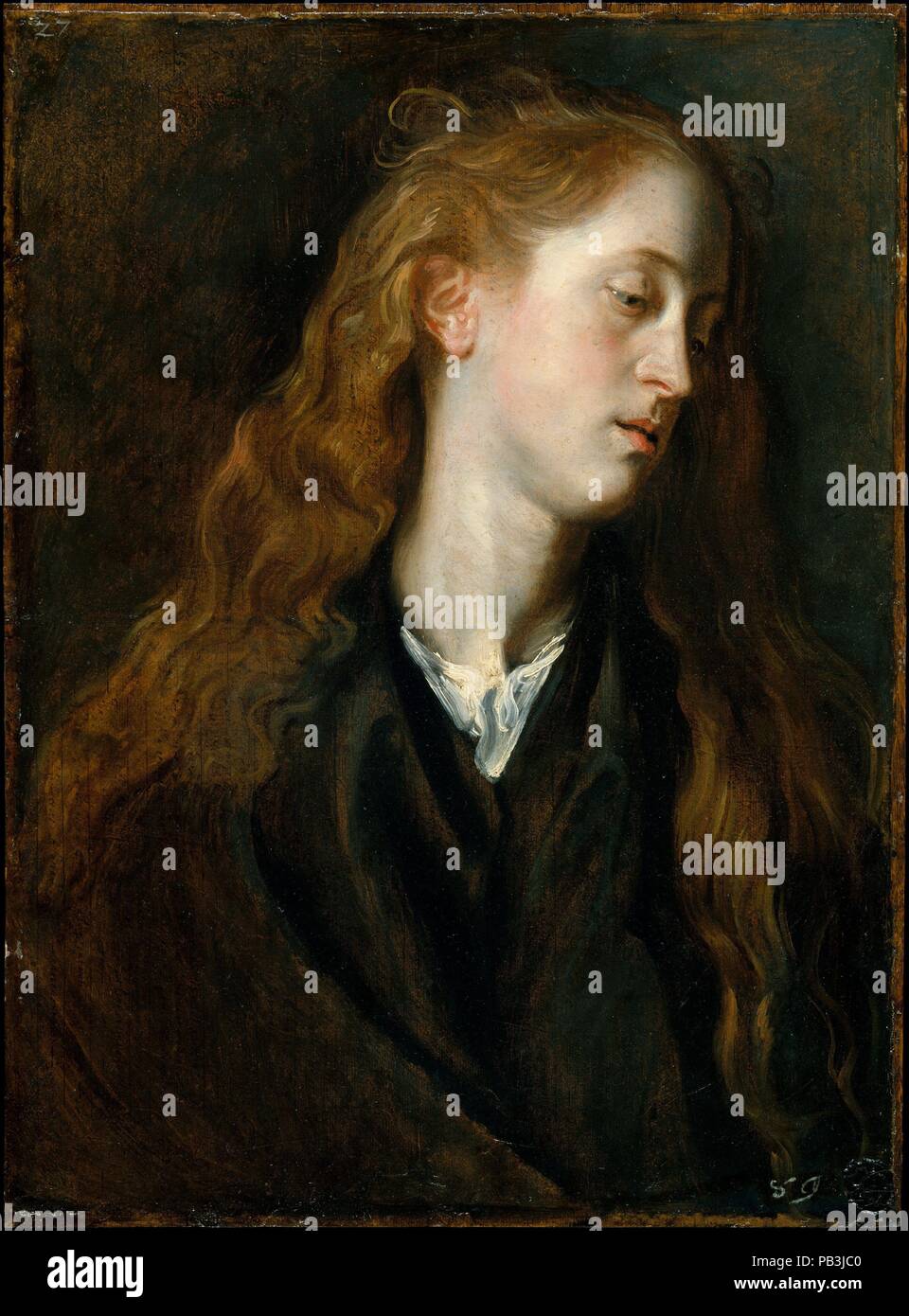 Studio Testa di una giovane donna. Artista: Anthony van Dyck (fiammingo, Anversa 1599-1641 Londra). Dimensioni: 22 1/4 x 16 3/8 in. (56,5 x 41,6 cm). Data: ca. 1618-20. Teste di studio di questo tipo sono stati dipinti da Van Dyck utilizzando modelli vivi, le cui caratteristiche sono state poi ripetute in immagini finito, di solito su temi religiosi. Infatti la presente figura è servita come prototipo per una somiglianza con la Vergine in una raffigurazione della Santa Famiglia. L'iconografia della malinconia giovane donna con capelli lunghi in streaming le sue spalle anche adatto a immagini di Maria Maddalena; curiosamente, un primo biografo narra Foto Stock