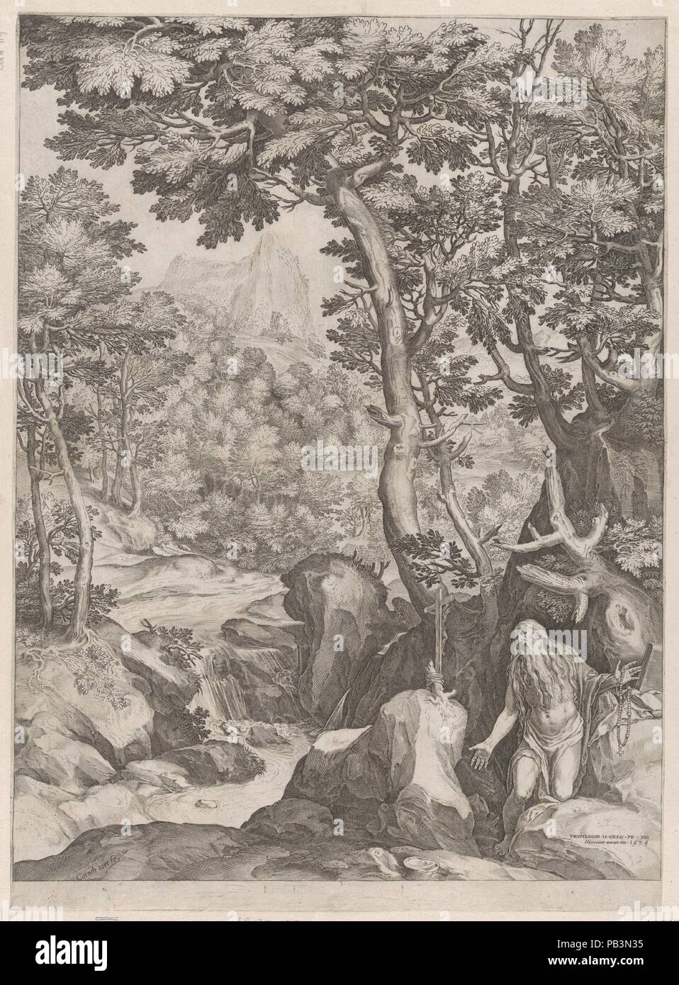 St Onuphrius nel deserto. Artista: Cornelis Cort (Netherlandish, Hoorn ca. Roma 1533-1578); dopo Girolamo Muziano (italiano, Acquafredda, Brescia 1528-1592 Roma). Editore: Bonifazio Breggio (italiano, attivo Roma, 1566-morto prima del 1582). Data: 1574. Museo: Metropolitan Museum of Art di New York, Stati Uniti d'America. Foto Stock