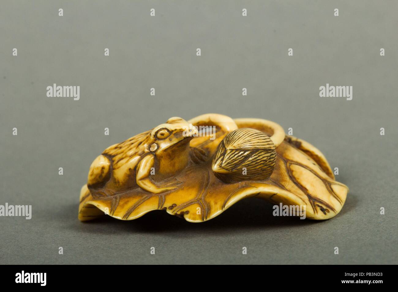 Netsuke di rana su una foglia di loto. Cultura: il Giappone. Dimensioni: H. 5/8 in. (1,6 cm); W. 1 7/8 in. (4,8 cm); D. 1 5/8 in. (4.1 cm). Data: XVIII secolo. Museo: Metropolitan Museum of Art di New York, Stati Uniti d'America. Foto Stock