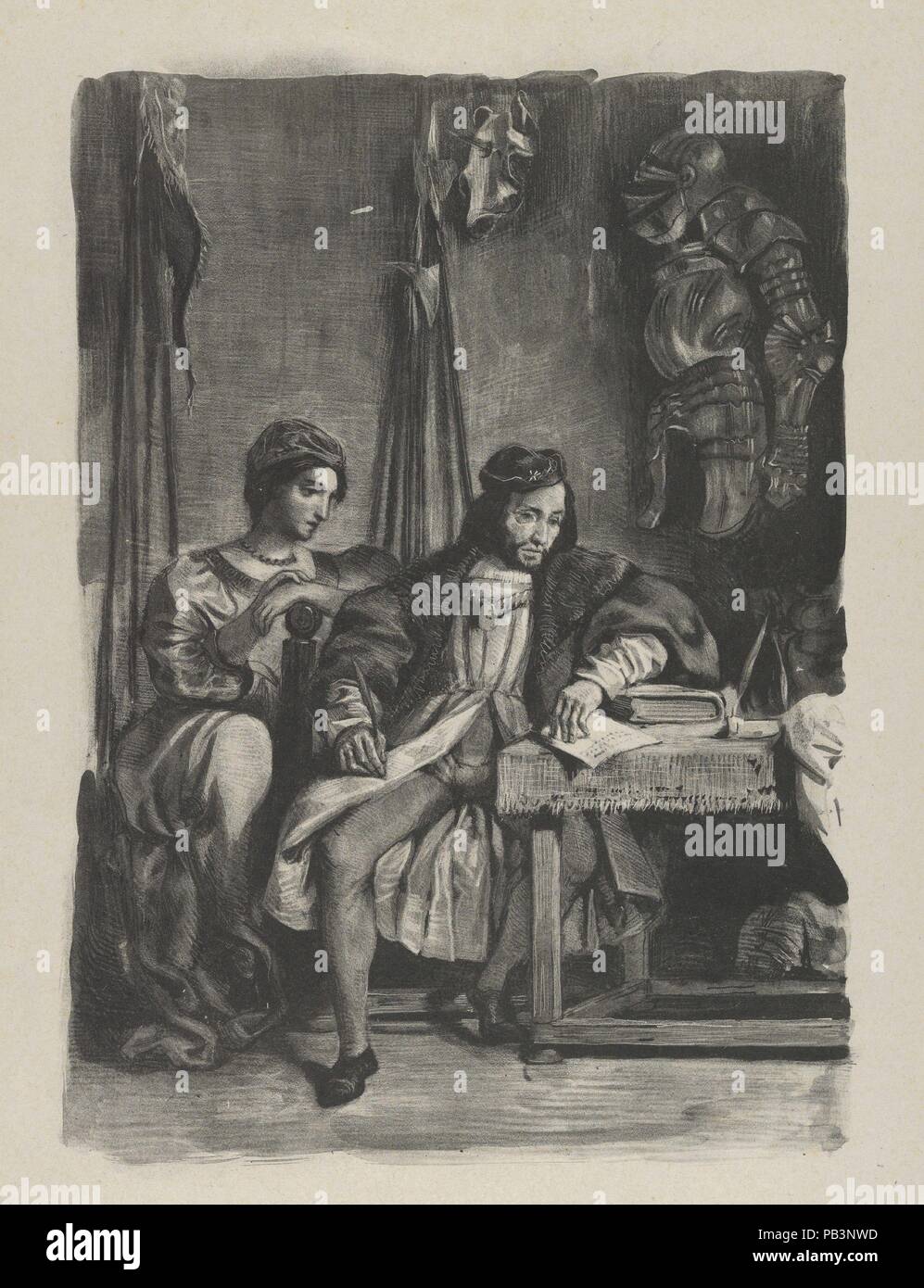 Goetz von Berlichingen scrivere le sue memorie. Artista: Eugène Delacroix (francese, Charenton-Saint-Maurice 1798 - 1863 Parigi). Dimensioni: Immagine: 10 7/16 x 7 9/16 in. (26,5 x 19,2 cm) foglio: 12 7/8 x 10 1/2 in. (32,7 x 26,7 cm). Serie/Portfolio: Goethe, Goetz von Berlichingen. Data: 1836-43. Il soggetto di questa stampa è basato su una scena in Goethe di gioco (pubblicato in tedesco nel 1773; e il francese nel 1823) che racconta la storia della vita di un cavaliere tedesco (1480-1562) che hanno combattuto per riconquistare i privilegi dei cavalieri libero, annullati dall'imperatore Massimiliano I nel 1495. Questa litografia è il quarto Foto Stock