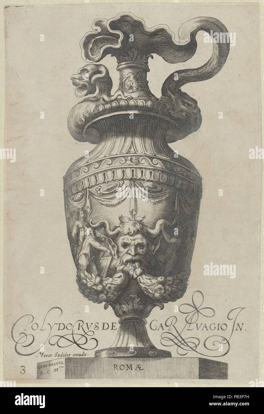 La piastra 3: vaso con un satiro la maschera e ghirlande, da vasi antichi (Vasa un Polydoro Caravagino). Artista: Dopo Polidoro da Caravaggio (italiano, Caravaggio ca. 1499-ca. 1543 Messina); Egidio Sadeler II (Netherlandish, Anversa 1568-1629 Praga); dopo il cherubino Alberti (Zaccaria Mattia) (italiano, Borgo Sansepolcro Roma 1553-1615). Dimensioni: foglio: 9 5/16 x 6 5/16 in. (23,6 × 16 cm). Editore: Marcus Sadeler (tedesco a Monaco di Baviera prima di 1614-in o dopo il 1650). Serie/Portfolio: vasi antichi. Data: 1605. Questi vasi sono copie di retromarcia di Alberti, della serie di 1582. Museo: Metropolitan Museum di Ar Foto Stock