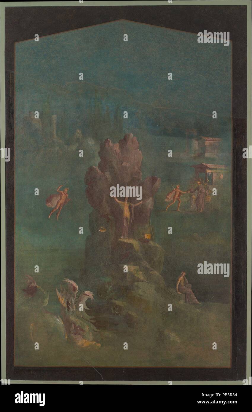 Pittura murale: Perseo e Andromeda nel paesaggio, dalla villa imperiale a Boscotrecase. Cultura: Romano. Dimensioni: H. 62 3/4 in. 159.39 (cm) di larghezza 46 3/4 in. (118.75 cm.). Data: ultimo decennio del I secolo A.C. Dalla villa di Agrippa Postumus a Boscotrecase, la sala mitologico (19) Paesaggio con Perseo e Andromeda questo affresco da la villa imperiale a Boscotrecase raffigura due eventi consecutivi dal mito di Perseo e Andromeda. Perseus è circa per il soccorso di Andromeda dal ketos, un mare snaky monster dipinta in un brillante blu-verde, tavolozza. La creatura si solleva Foto Stock