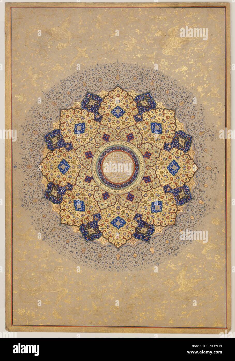 "Rosetta recanti i nomi e titoli di Shah Jahan', Folio da Shah Jahan Album. Dimensioni: H. 15 3/16 in. (38,6 cm) W. 10 7/16 in. (26,5 cm). Data: recto: ca. 1645; tergo: ca. 1630-40. Un shamsa (letteralmente, sun) tradizionalmente aperto imperial album di Mughal. Ha lavorato in colori luminosi e vari toni di oro, meticolosamente progettato e dipinto di arabeschi sono arricchite da fantastici fiori, uccelli e animali. L iscrizione al centro nella 'tughra' (handsign) in stile recita: "Sua Maestà Shihabuddin Muhammad, Shahjahan re guerriero di fede, Dio può perpetuare il suo regno Foto Stock