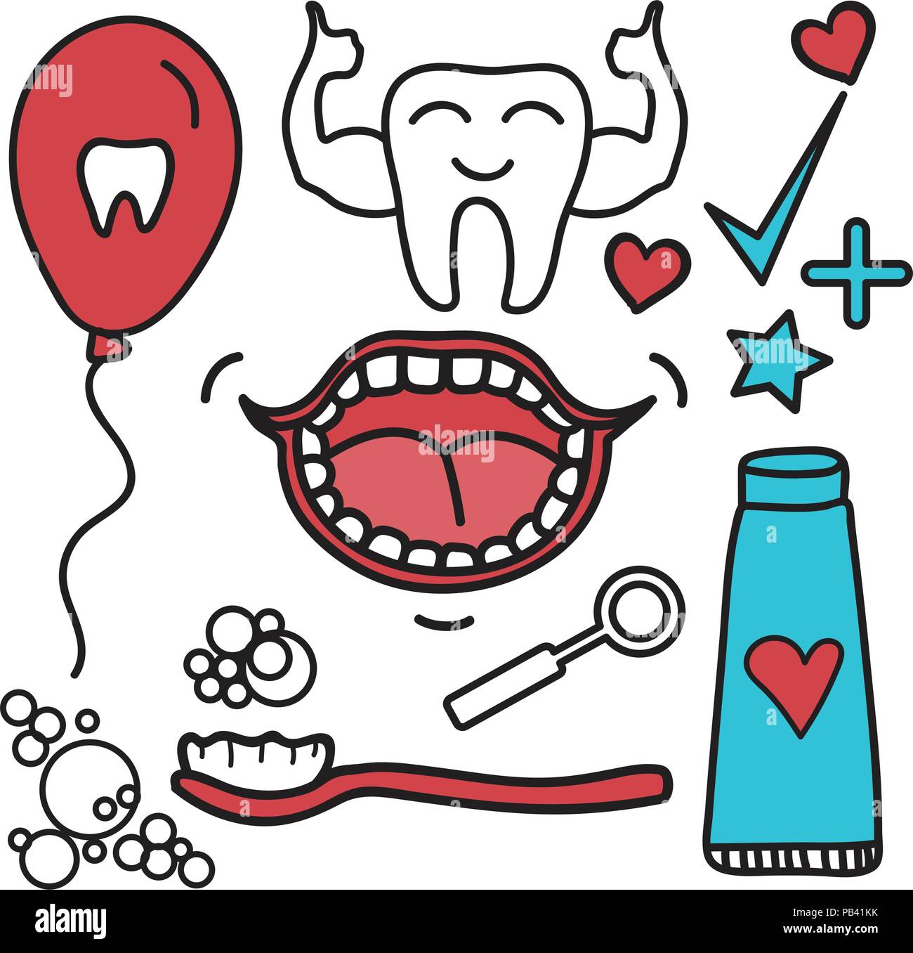 Set di vettore di cure dentarie simboli per bambini in stile cartoon. Illustrazione Vettoriale