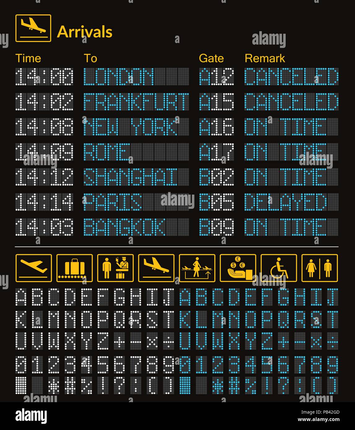 LED realistica della scheda digitale modello airport. Vettore 3D bianco e blu LED digitale font con alfabeto e numeri su sfondo scuro eps. airpo giallo Illustrazione Vettoriale