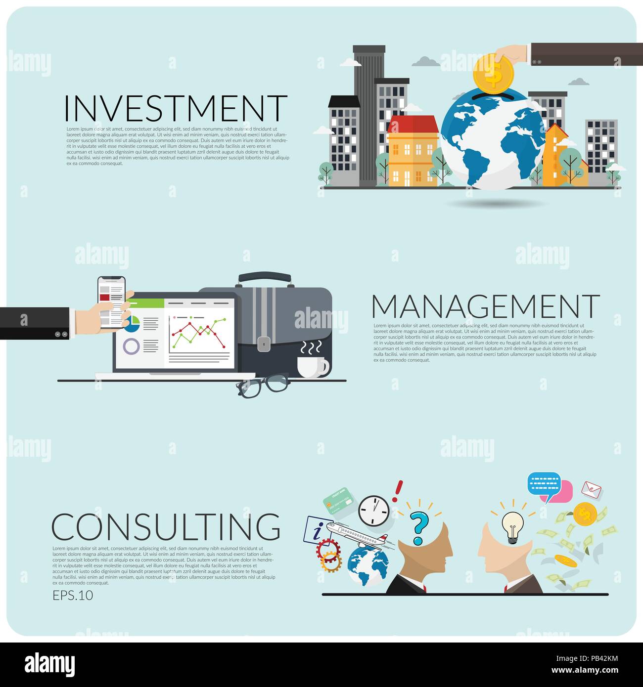 Set di vettore del concetto di business. Gli investimenti , gestione e consultazione illustrator isolato su sfondo blu con una copia dello spazio per il tuo testo. flat des Illustrazione Vettoriale