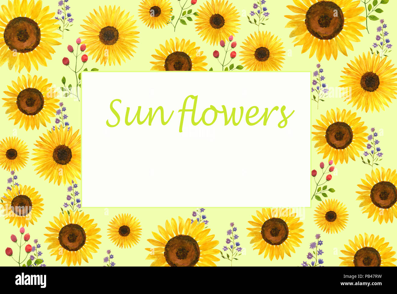 Acquerello invito modello flyer con fiori di sole e fiori di campo Foto Stock