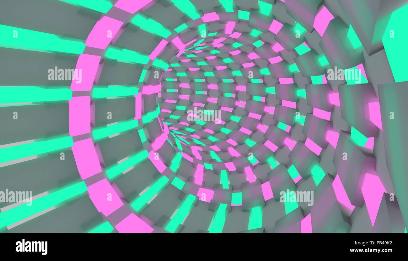 Sci-fi illustrazione di un volo attraverso il tunnel. Tubo al neon 3D render design Foto Stock