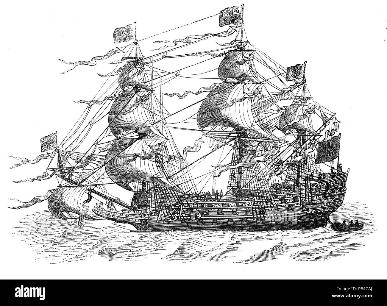 Sovrana dei mari: galeoni erano ampie e multi-adorna le navi a vela usato per la prima volta dagli spagnoli armati come vettori cargo e successivamente adottato da altri stati europei dal XVI al XVIII secolo durante l'età della vela e sono state le principali unità della flotta redatto per l'utilizzo come navi da guerra fino a quando la guerra anglo-olandese del mid-1600s. Galeoni generalmente trasportato tre o più montanti con un latine di avanzamento e di arretramento rig sui montanti posteriori, sono stati carvel costruito con un prominente squadrato poppa sollevata, e usato piazza-truccate Piani di vela sul loro fore-montante e main-montanti. Foto Stock