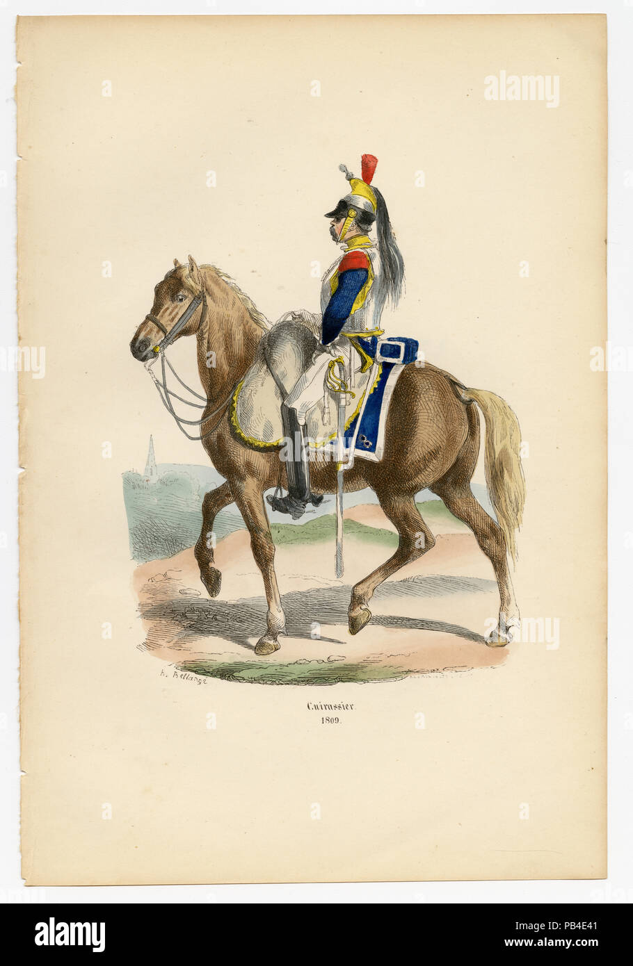 Cuirassier, 1809 anni. Stampa originale a colori di Hippolyte Bellange, dal libro "Histoire de l'Empreur Napoleon", Parigi: Jean-Jaques Dubochet, 1844. Foto Stock