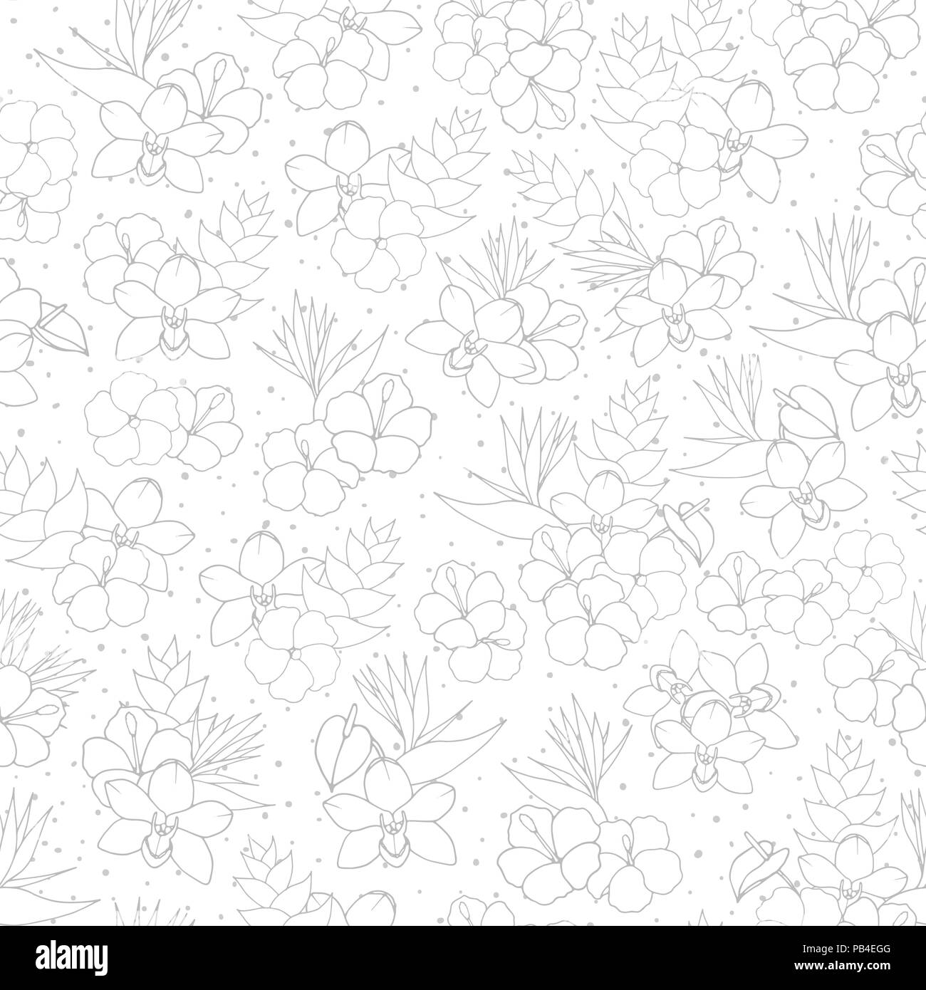 Vector tropical schema di ripetizione con orchidee, hibiscus e uccello del paradiso fiori profilo bianco sfondo tratteggiato. Sfondo esotico linea floreale Illustrazione Vettoriale