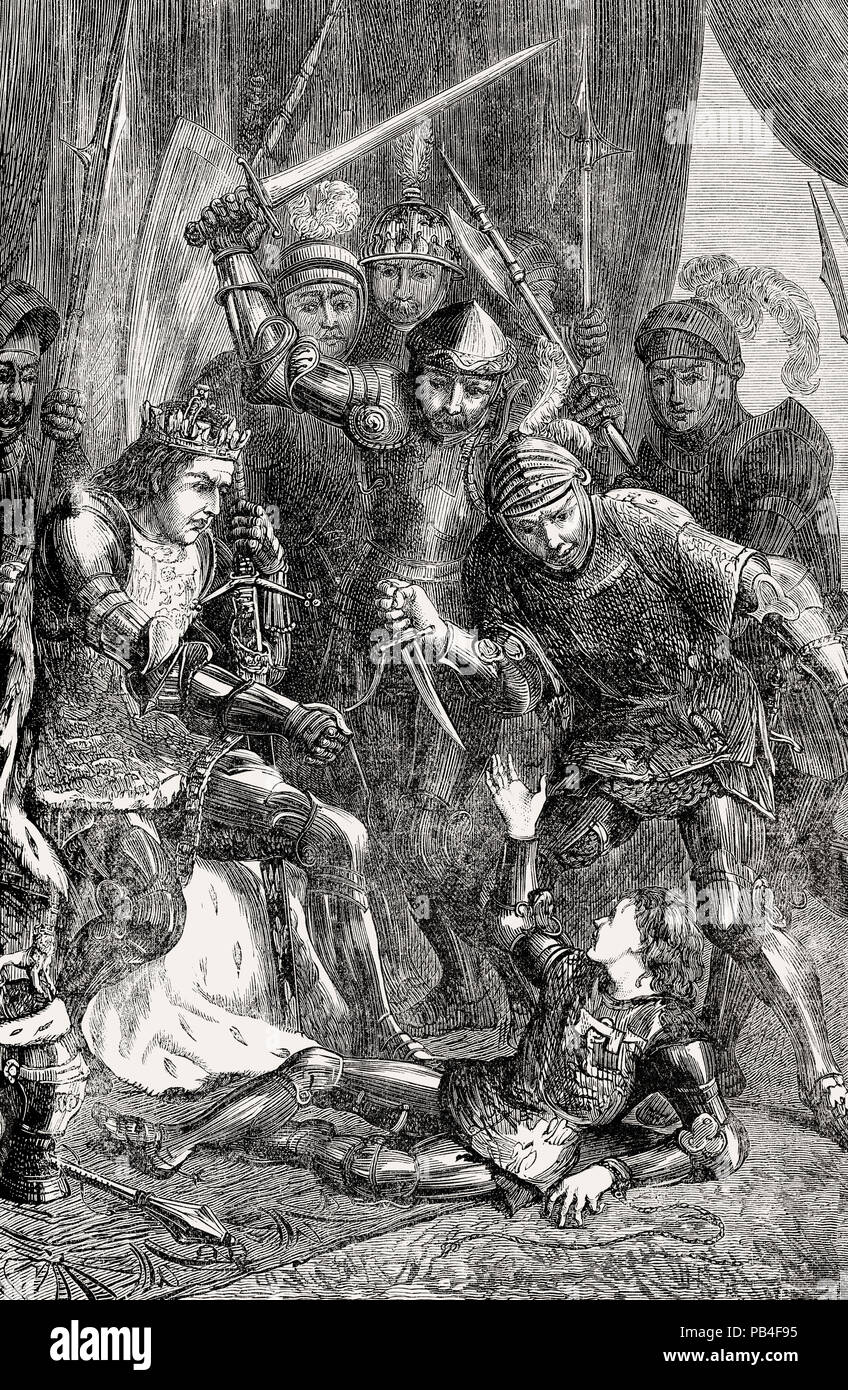 Assassinio di Edward, Principe di Galles, dopo la battaglia di Tewkesbury il 4 maggio 1471, le guerre di rose, dal British battaglie di terra e di mare, da James G Foto Stock