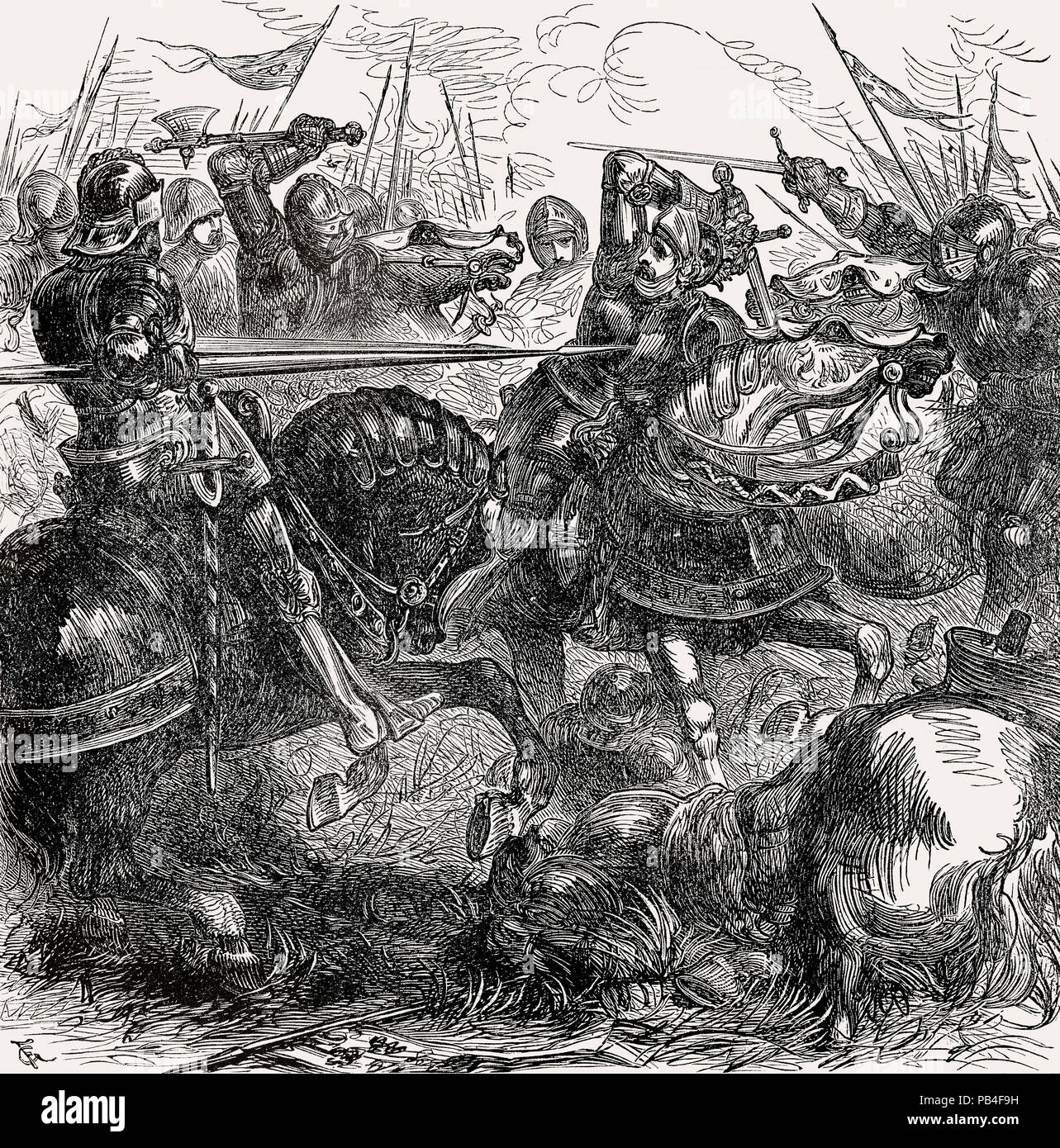 La morte del re Richard III nella battaglia di Bosworth campo su 22 Agosto 1485 nelle guerre di rose, dal British battaglie di terra e di mare, da James Foto Stock