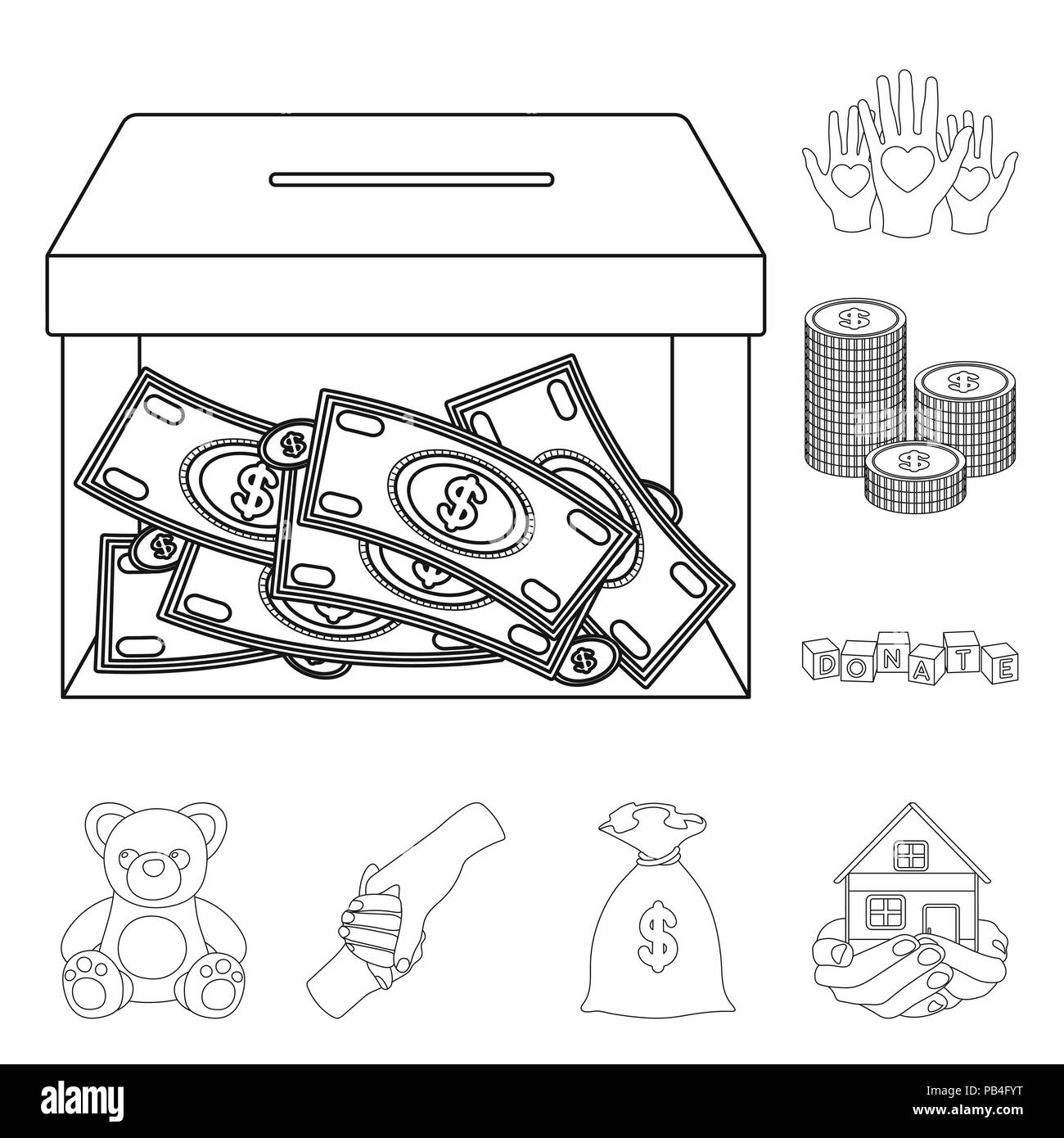 La carità e la donazione di icone di contorno nel set di raccolta per il design. Aiuto materiale vettore stock simbolo illustrazione. Illustrazione Vettoriale