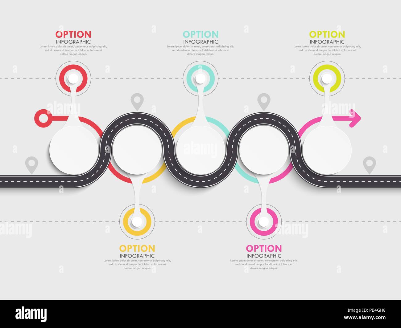 Strada tortuosa strada ubicazione ed infografico modello con una struttura graduale. Business modello di cerchio con opzioni per brochure, diagramma, flusso di lavoro, timelin Illustrazione Vettoriale
