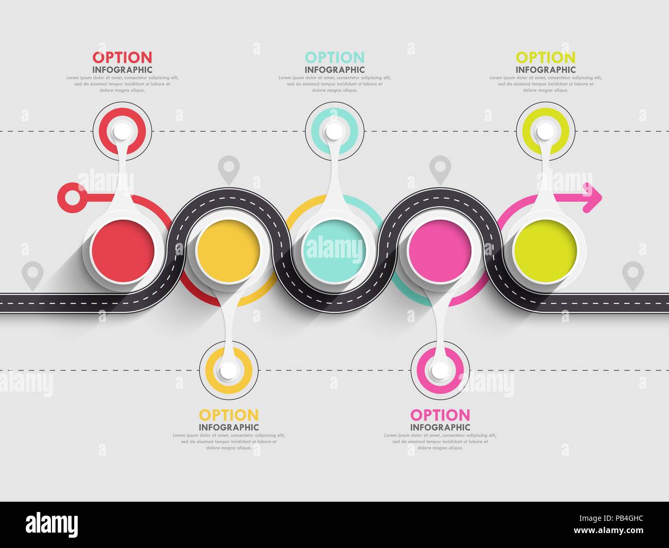 Strada tortuosa strada ubicazione ed infografico modello con una struttura graduale. Business modello di cerchio con opzioni per brochure, diagramma, flusso di lavoro, timelin Illustrazione Vettoriale