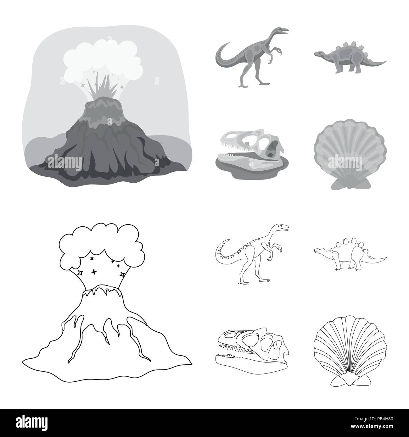 Eruzione vulcanica, gallimimus, stegosaurus,teschio di dinosauro. Dinosauro e periodo preistorico set di icone di raccolta in profilo,monocromatico vettore stile sym Illustrazione Vettoriale