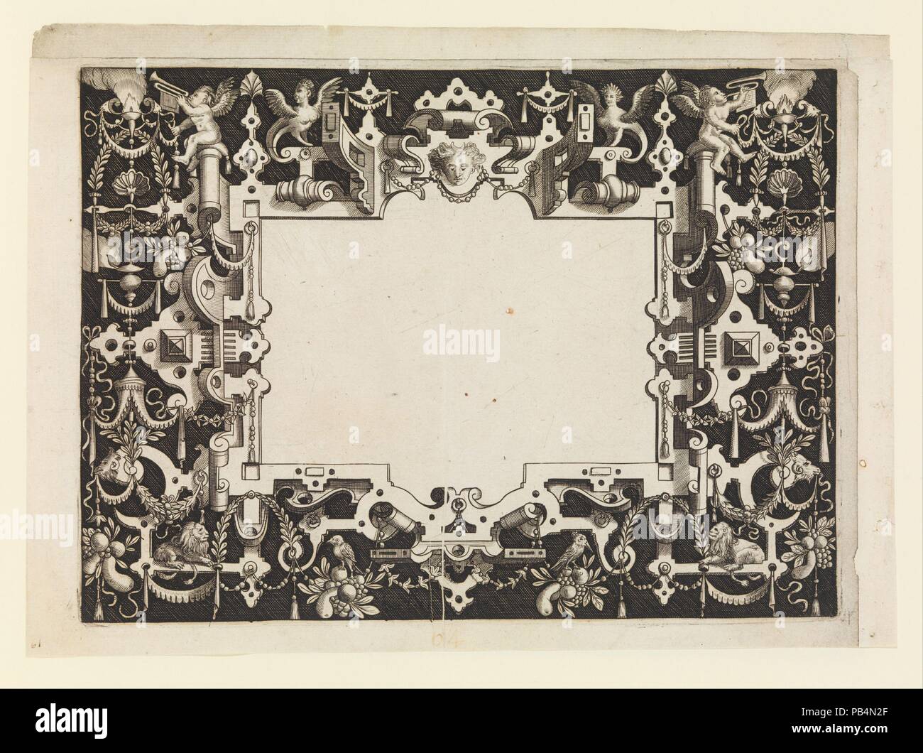 [Cornici per specchi]. Artista: Nicolaes De Bruyn (Netherlandish, 1571-1656 Anversa Rotterdam). Dimensioni: 11 3/8 x 14 3/16 x 1/8 in. (28,9 x 36 x 0,3 cm). Pubblicato in: Amsterdam. Editore: pubblicato da Assuerus van Londerseel (1572-1635). Data: ca. 1600. Museo: Metropolitan Museum of Art di New York, Stati Uniti d'America. Foto Stock